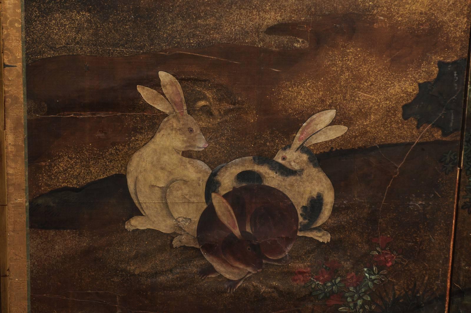 18th-19th Century Japanese Two-Panel Paper Screen with Rabbits For Sale 1