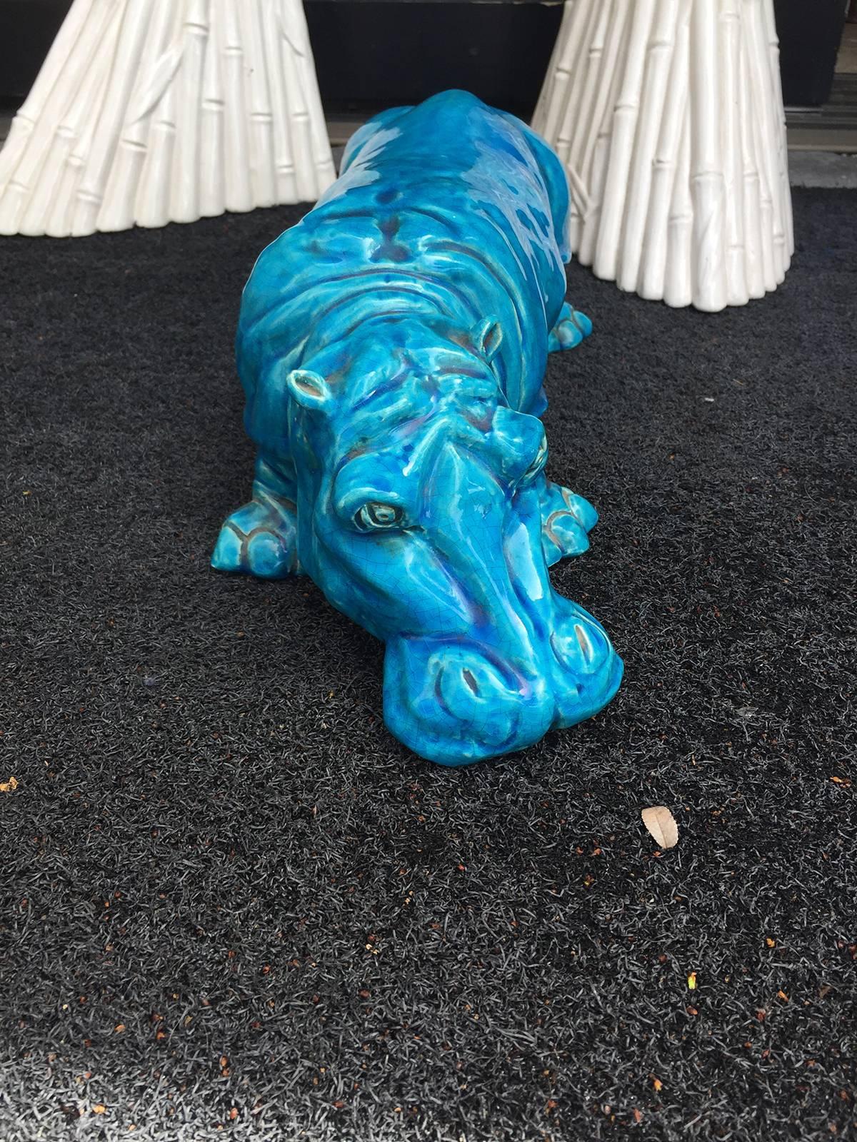 20th century French Turquoise Hippo by Aime Seau, Marked.