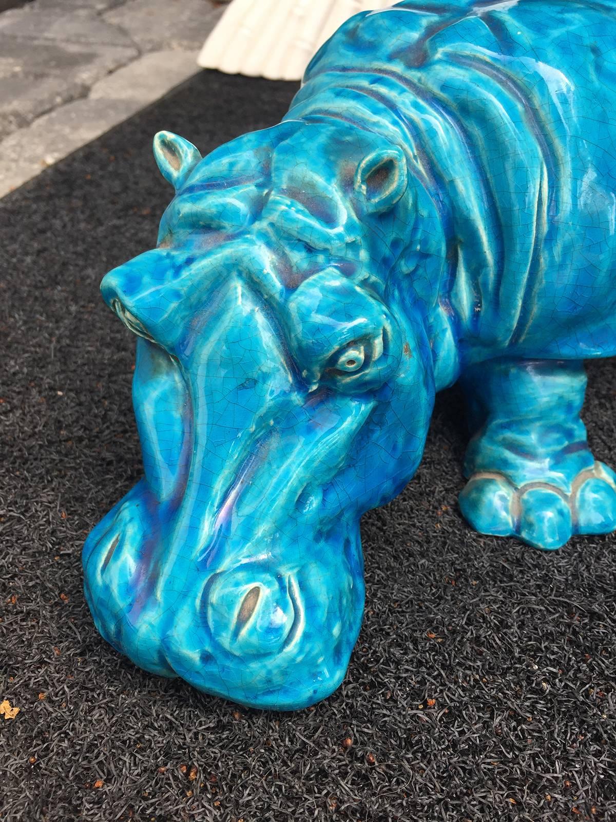 20th Century French Turquoise Hippo by Aime Seau, Marked 1
