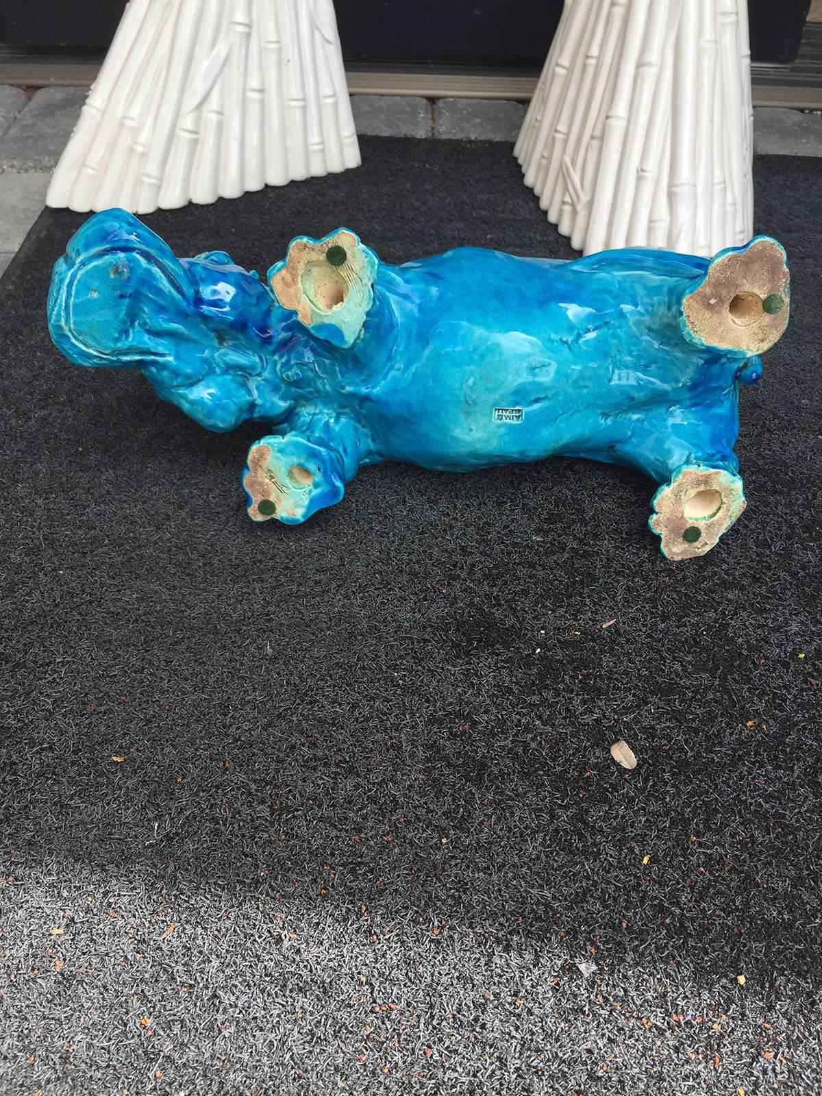 20th Century French Turquoise Hippo by Aime Seau, Marked 3