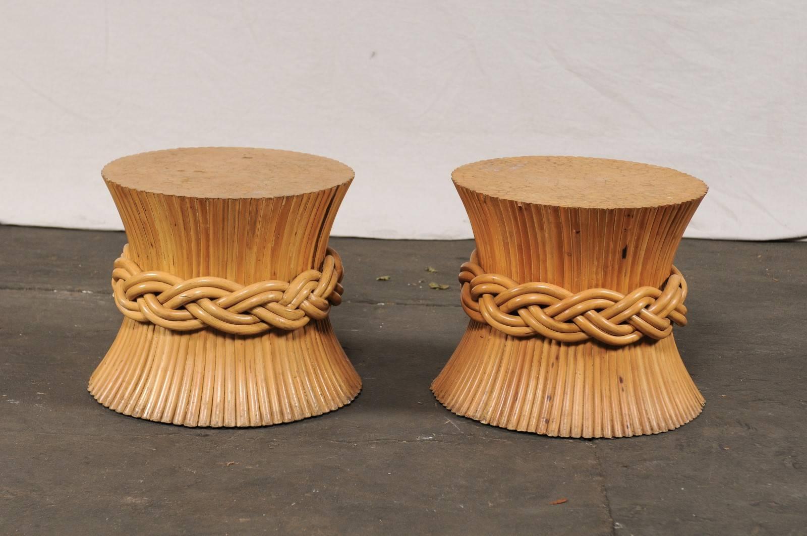 Pair of sheaf of wheat tables attributed to McGuire, circa 1970s.