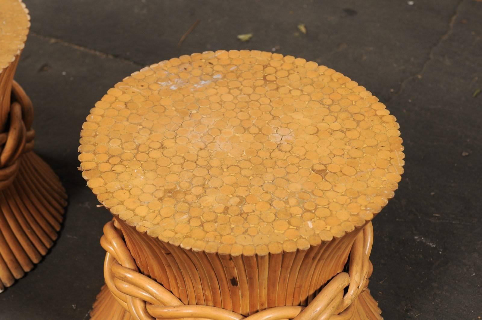 Wood Pair of Sheaf of Wheat Tables Attributed to McGuire, circa 1970s