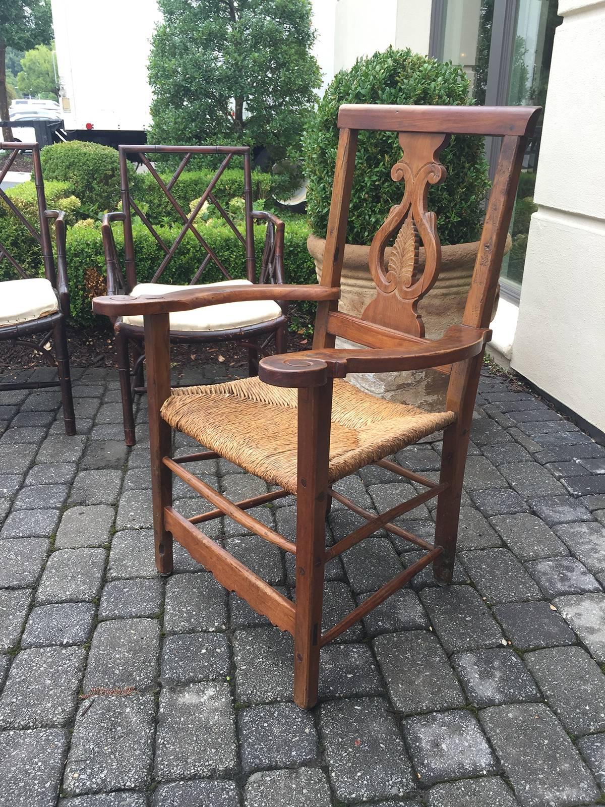 18th-19th century Provencial Italian chair, walnut with rush seat.