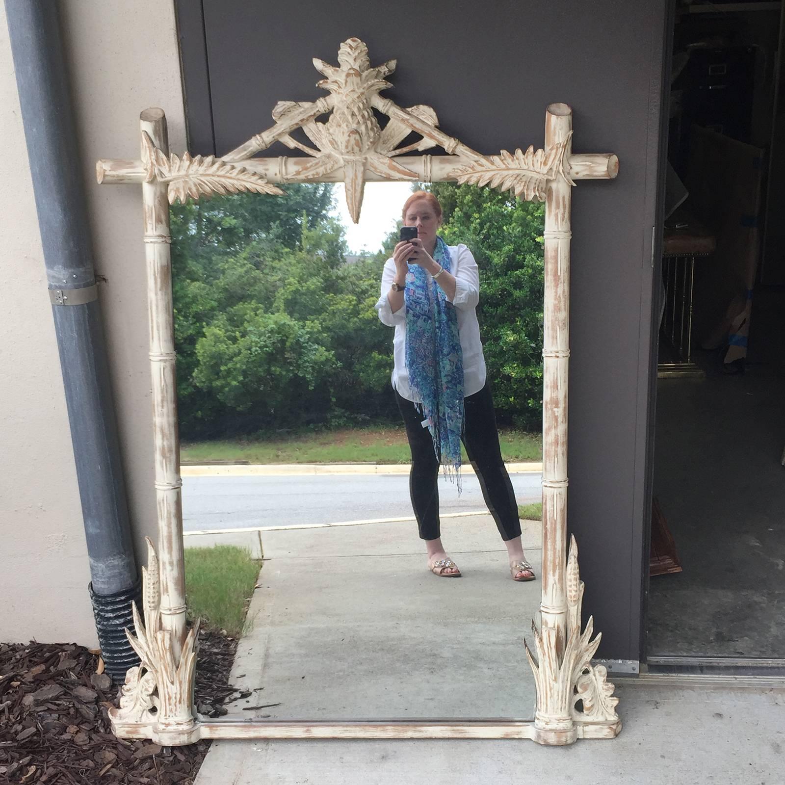 Large Faux Bamboo Mirror with Pineapple, circa 1970 3