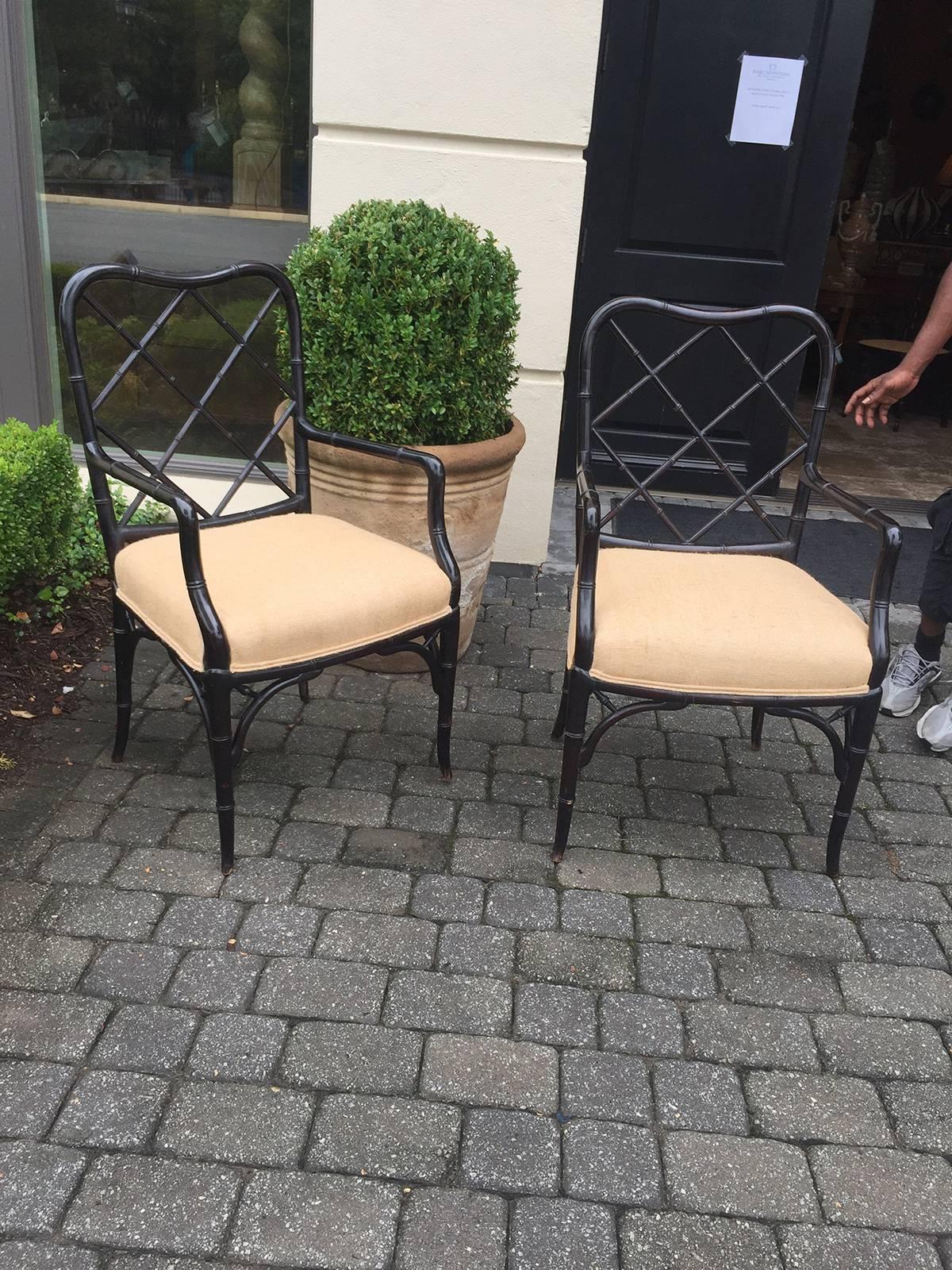 Pair of faux bamboo black armchairs, great scale, circa 1940s-1950s.