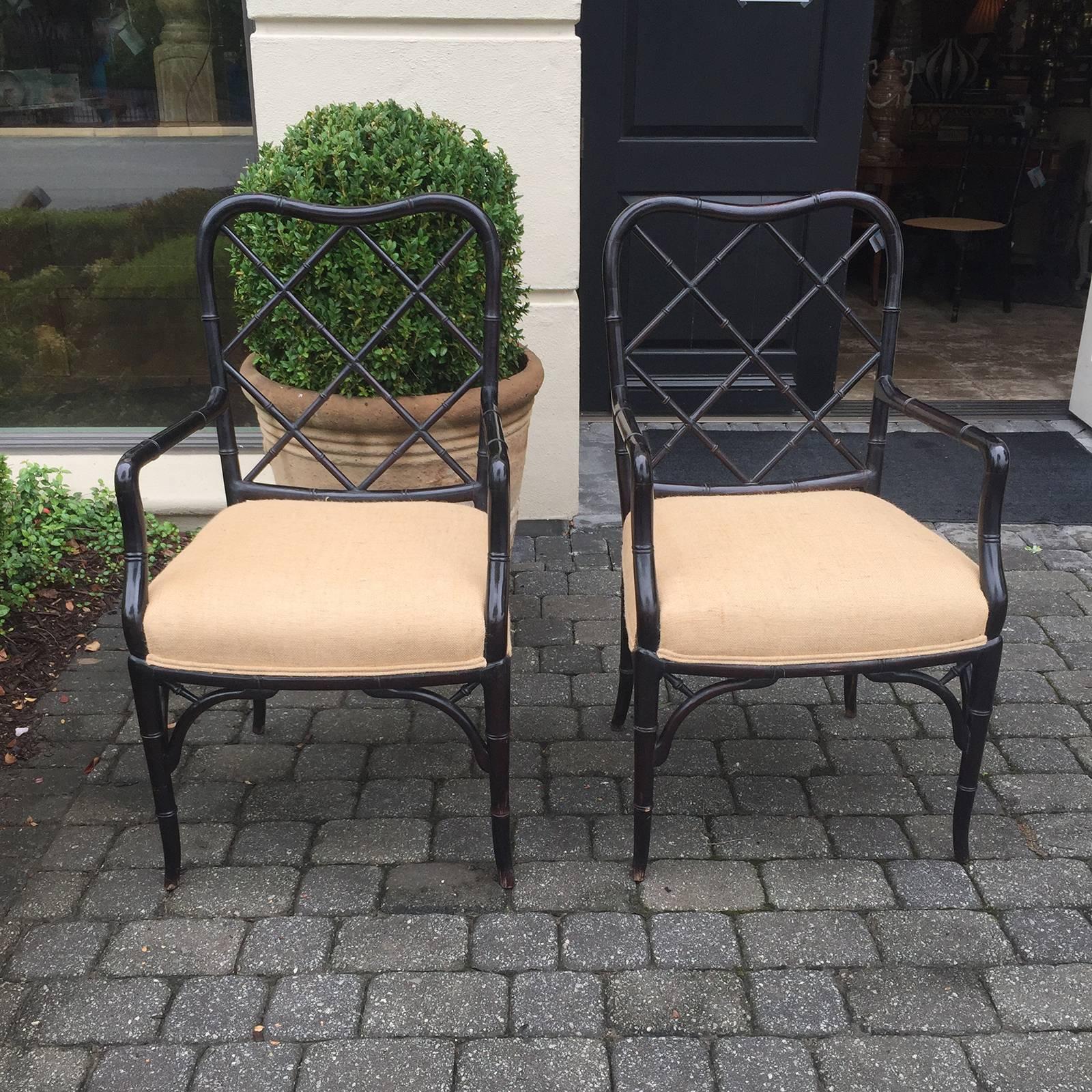 Pair of Faux Bamboo Black Armchairs, circa 1940s-1950s 3