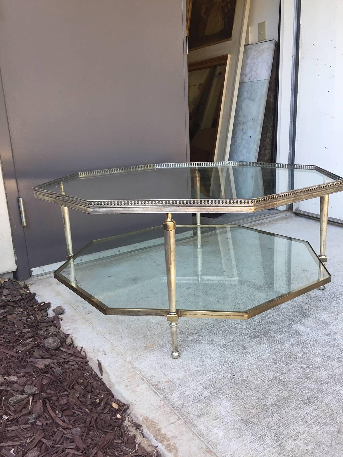 Mid-20th Century octagonal two-tier coffee table, attributed to Bagues with glass.