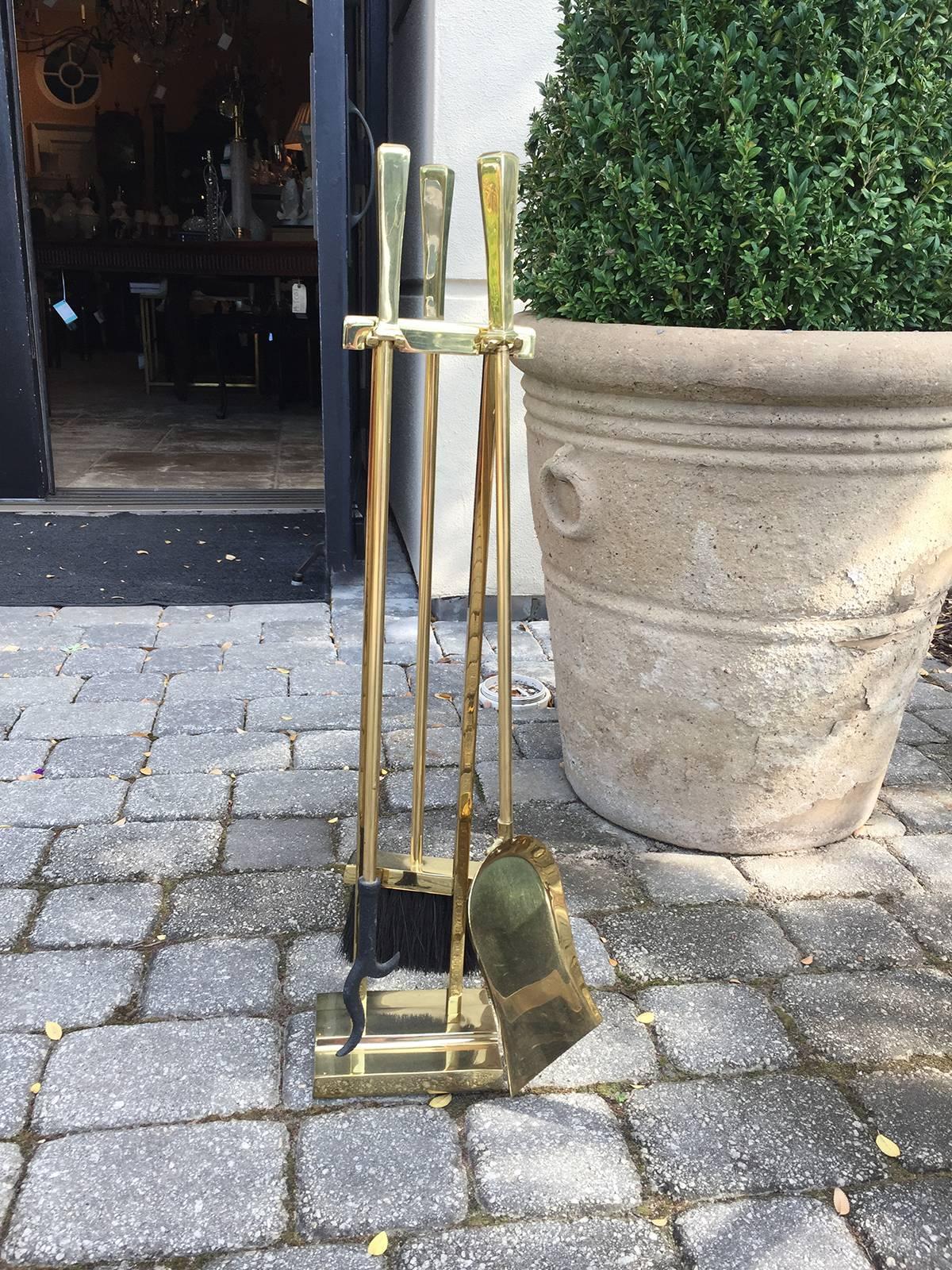 Midcentury Brass Three-Piece Fire Tool Set 4