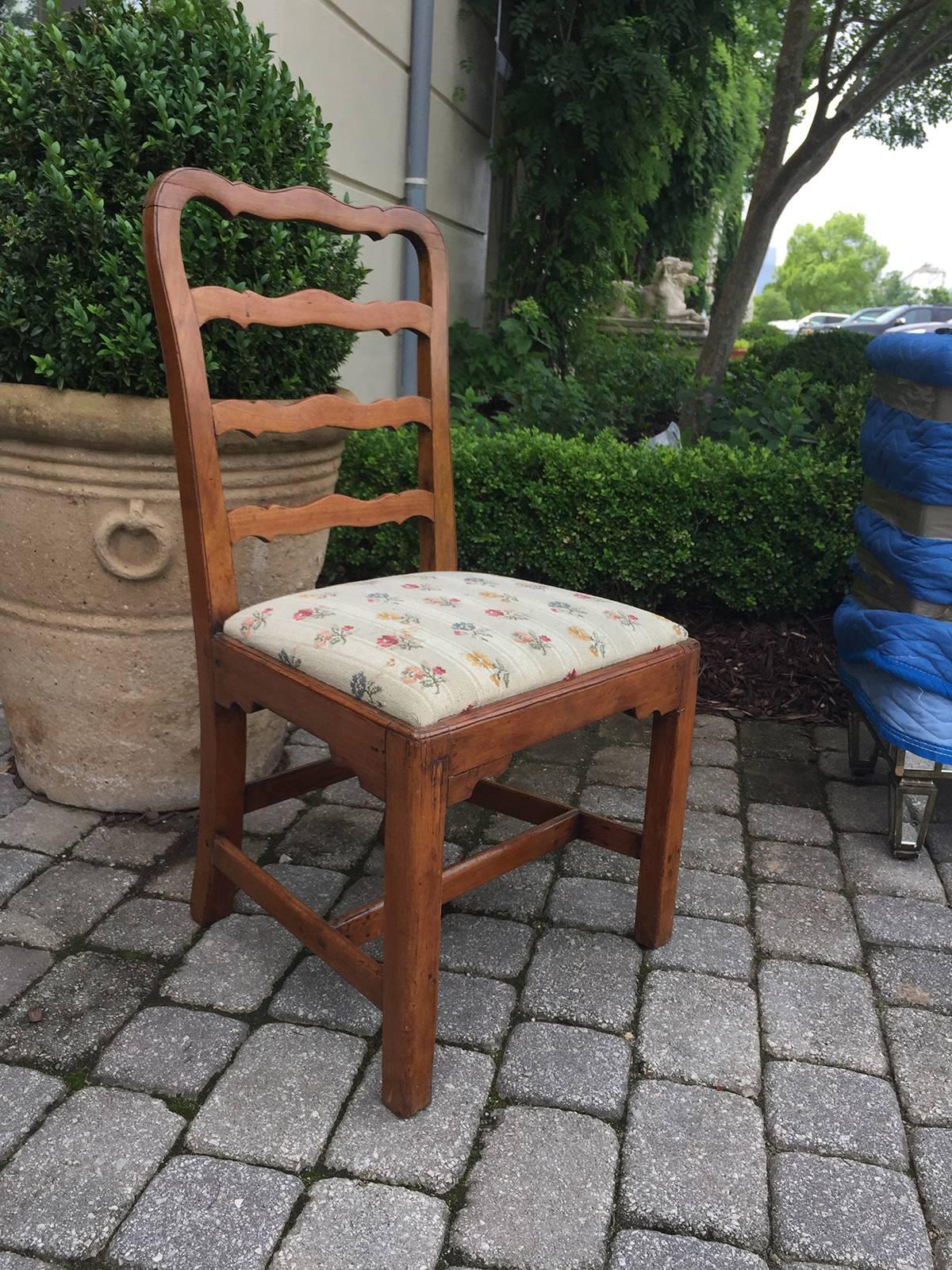 Set of six 18th-19th century English George III ladder back side chairs, mahogany frames with rounded ribbon slat back, needlepoint seats, Mortise & Tenon construction.
