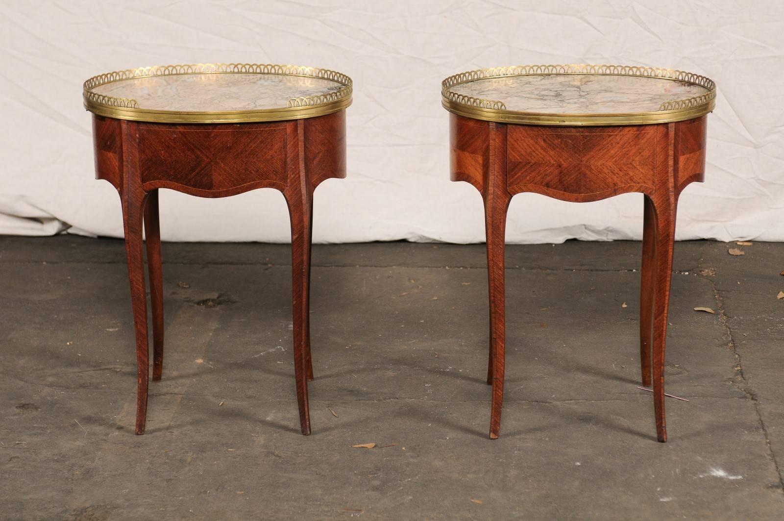 Pair of circa 1900 French Marble-Top, Bronze Gallery Tables with Drawers 1