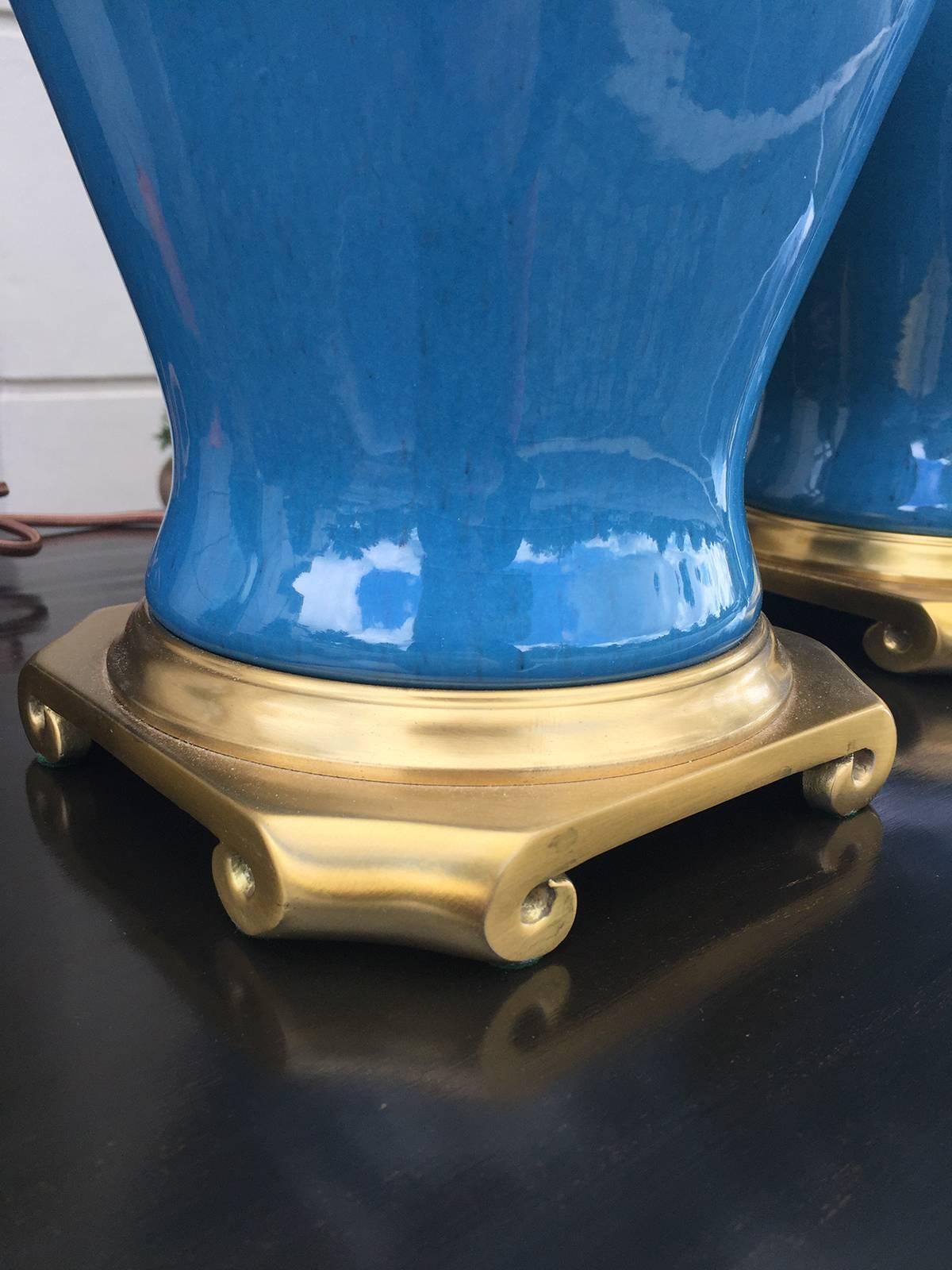 Porcelain  Mid Century Blue Lamp, Brass Base