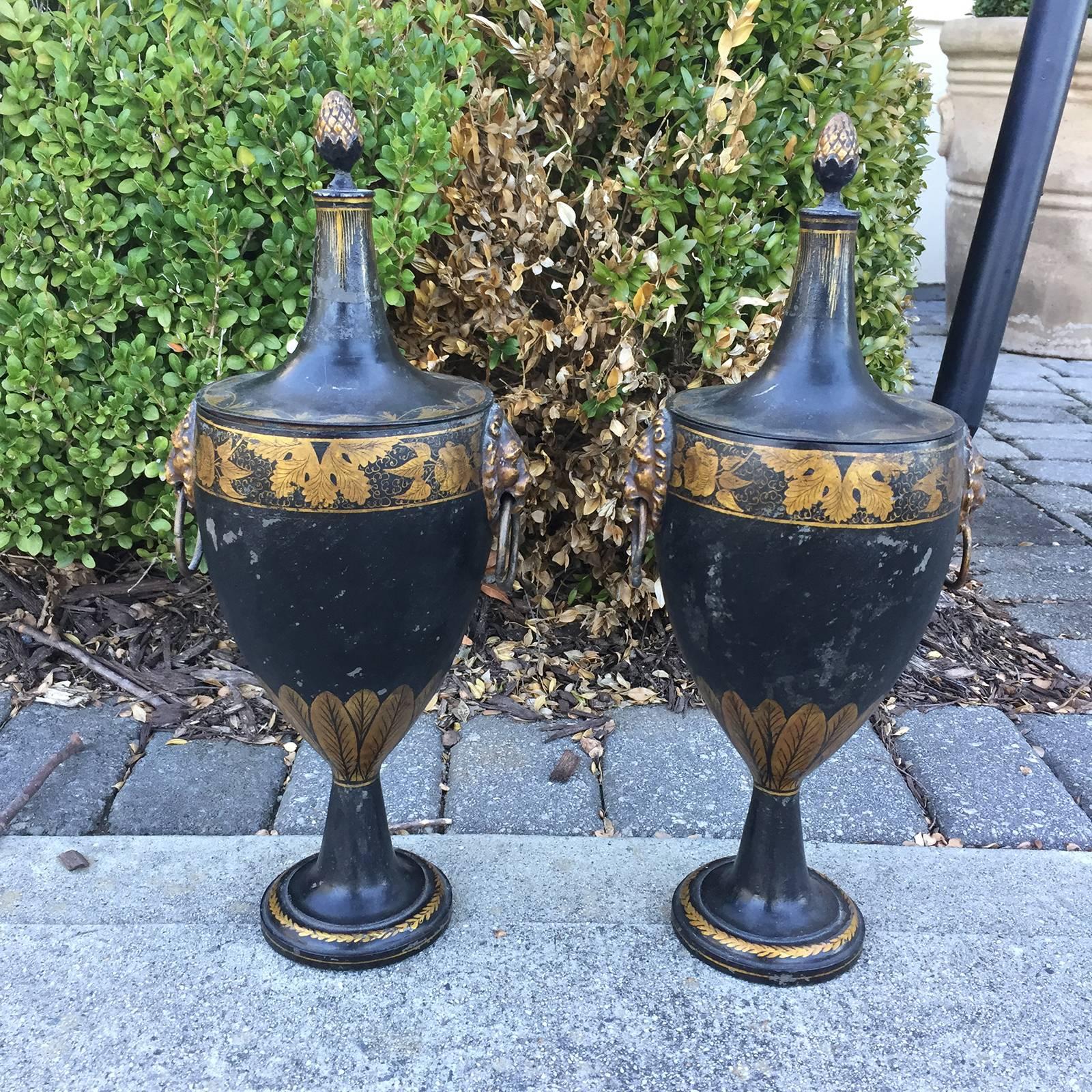Pair of Tall English Regency Tole Chestnut Urns, circa 1800-1820 3