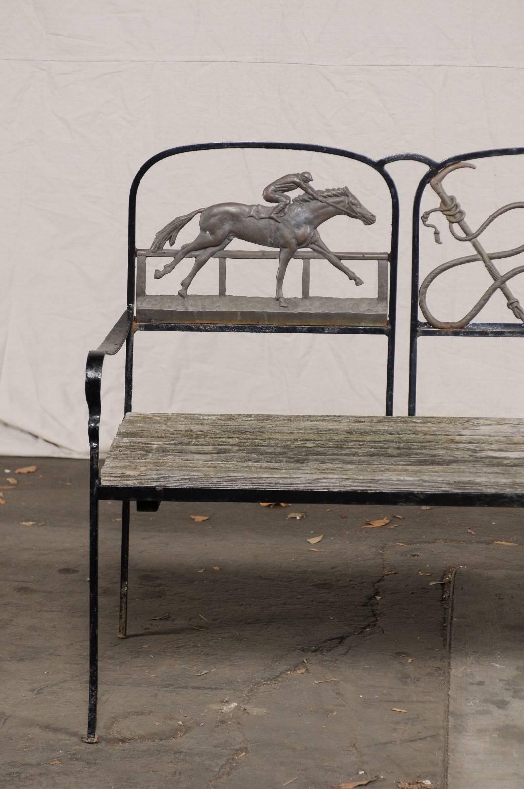 20th Century Iron and Brass Equestrian Bench, Wooden Seat In Good Condition In Atlanta, GA