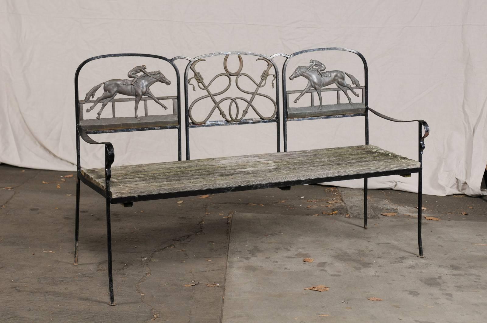 20th Century Iron and Brass Equestrian Bench, Wooden Seat 3