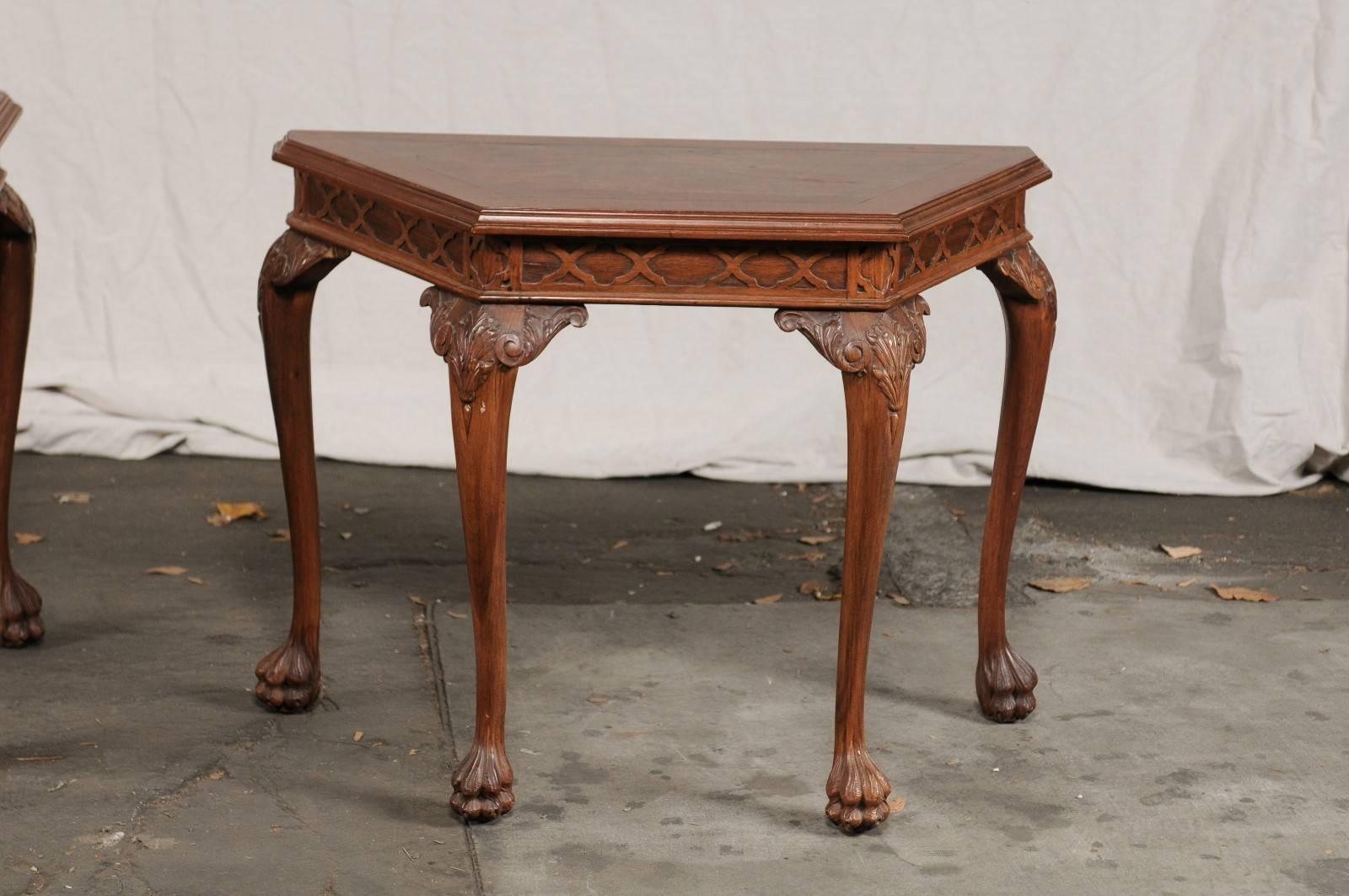 Early 20th Century Pair of English Burled Wood Consoles, Blind Fretwork, circa 1900