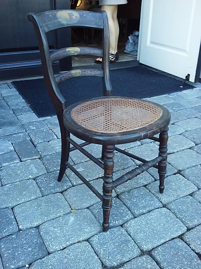 19th Century American Child's Chair Cane Seat, Painted Scenes, Original