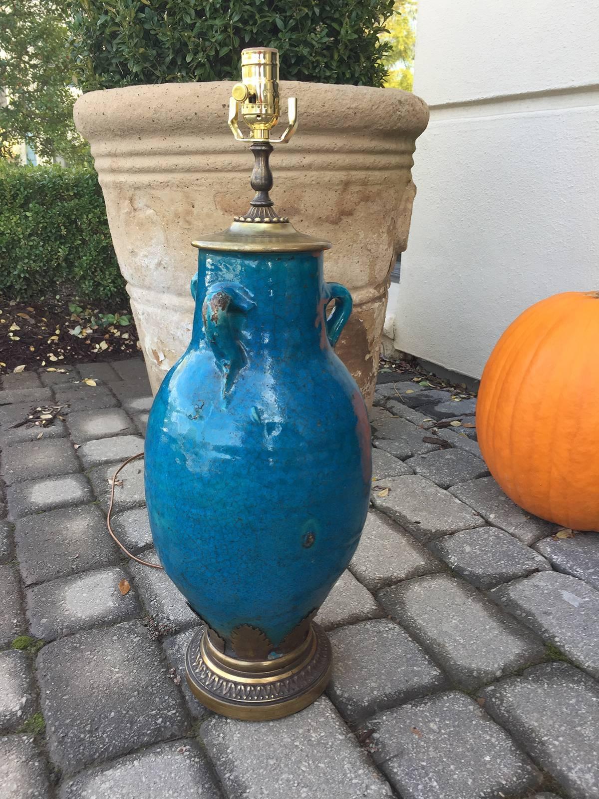 Incredible late 19th/early 20th century French blue pottery lamp, old custom mount.