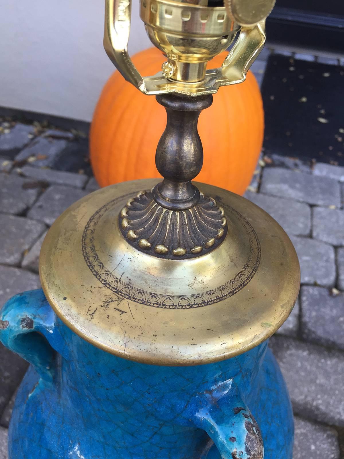 Incredible Late 19th/Early 20th Century French Blue Pottery Lamp In Good Condition In Atlanta, GA