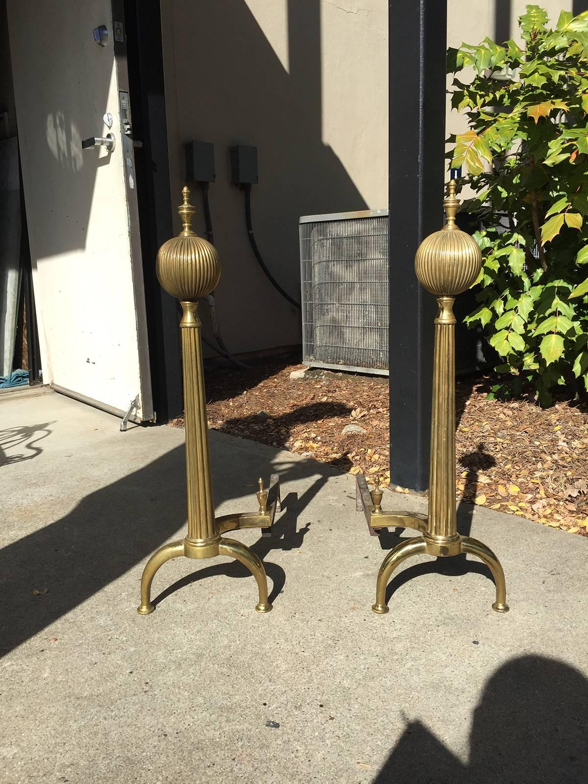 20th Century Tall Brass Andirons with Melon Finial 4