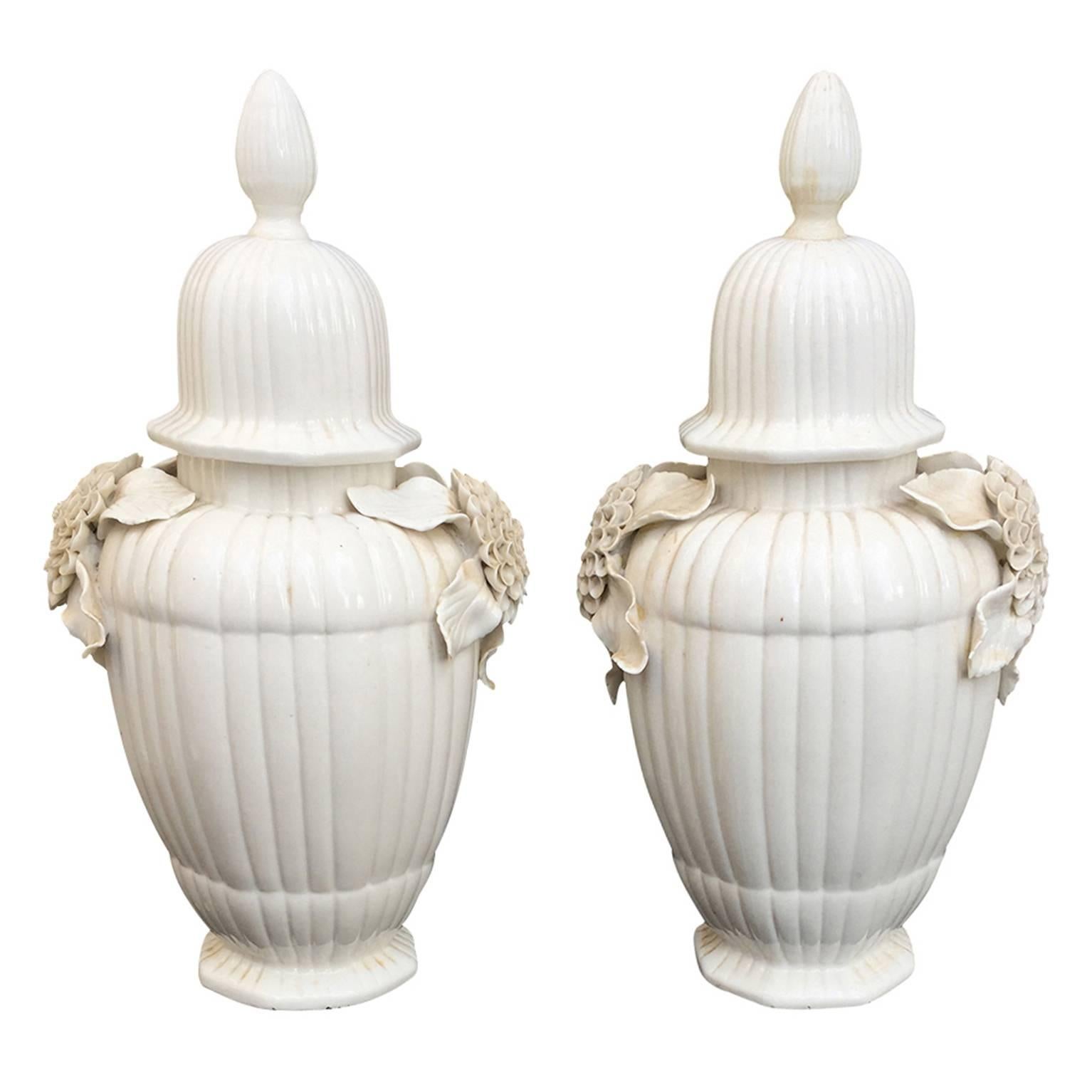 Pair of Early 20th Century Italian Glazed Floral Covered Jars