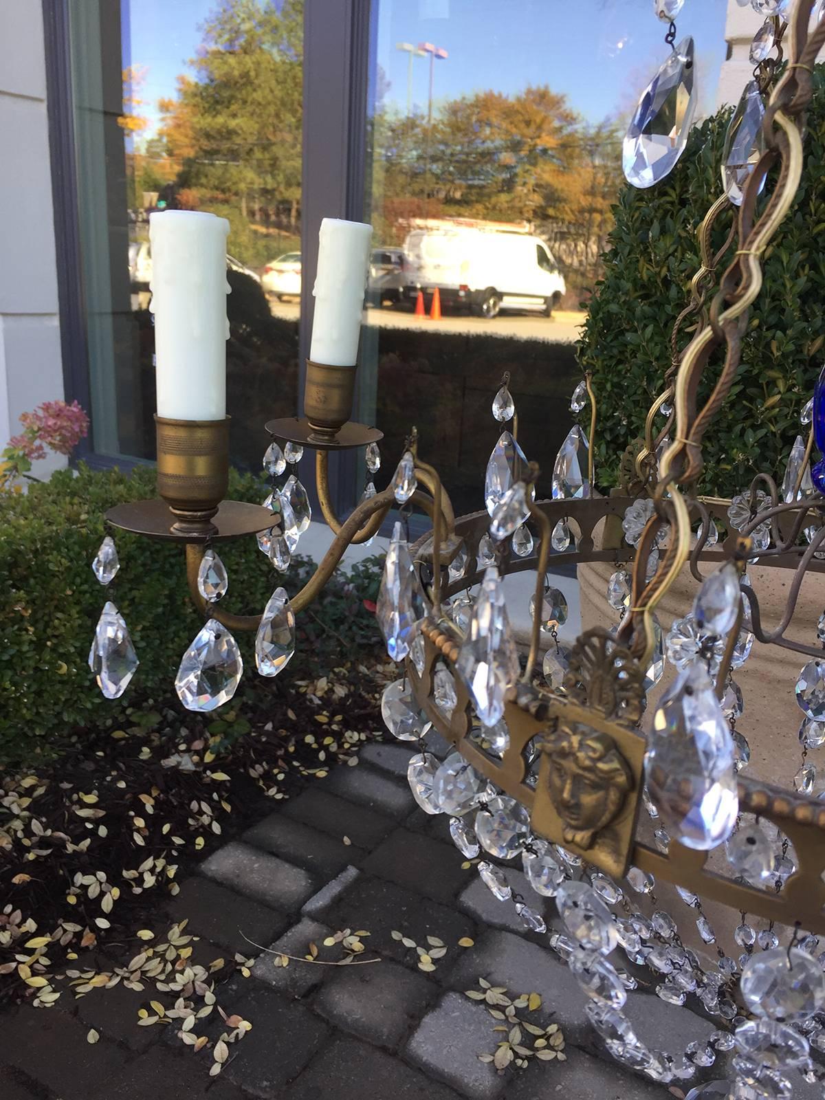 Early 20th Century Empire Style Bronze and Crystal Chandelier with Cobalt Blue In Good Condition In Atlanta, GA