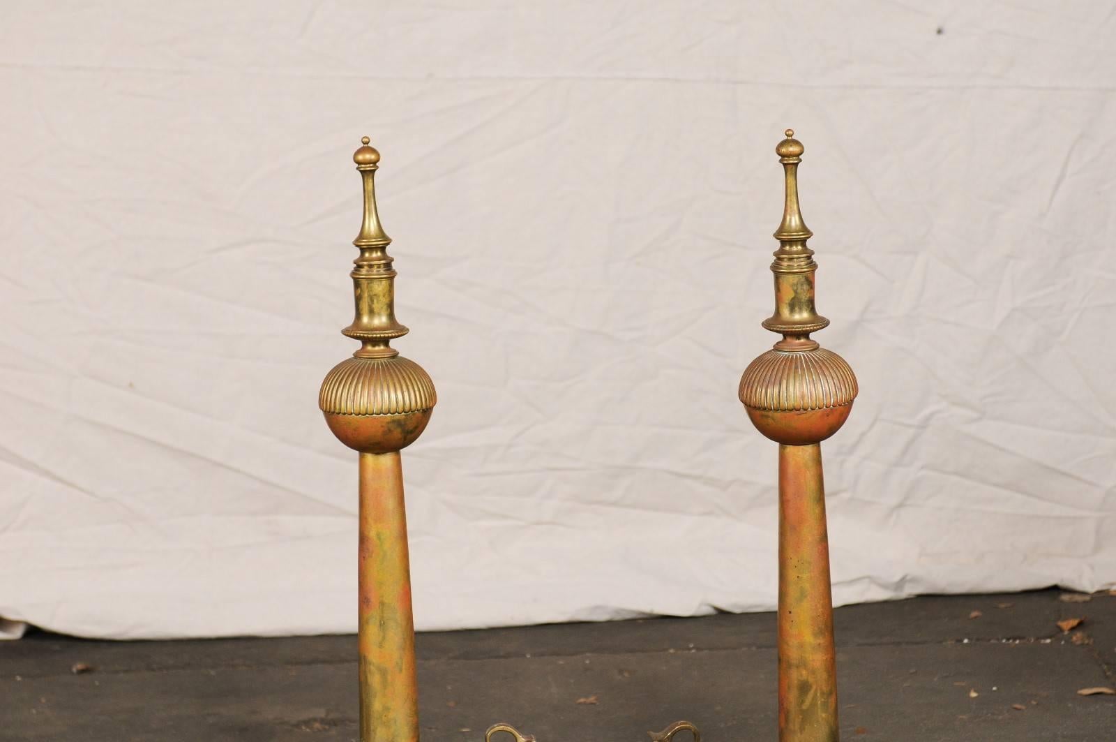 19th Century Pair of Large English Andirons with Beautifully Shaped Finials, circa 1880-1900 For Sale