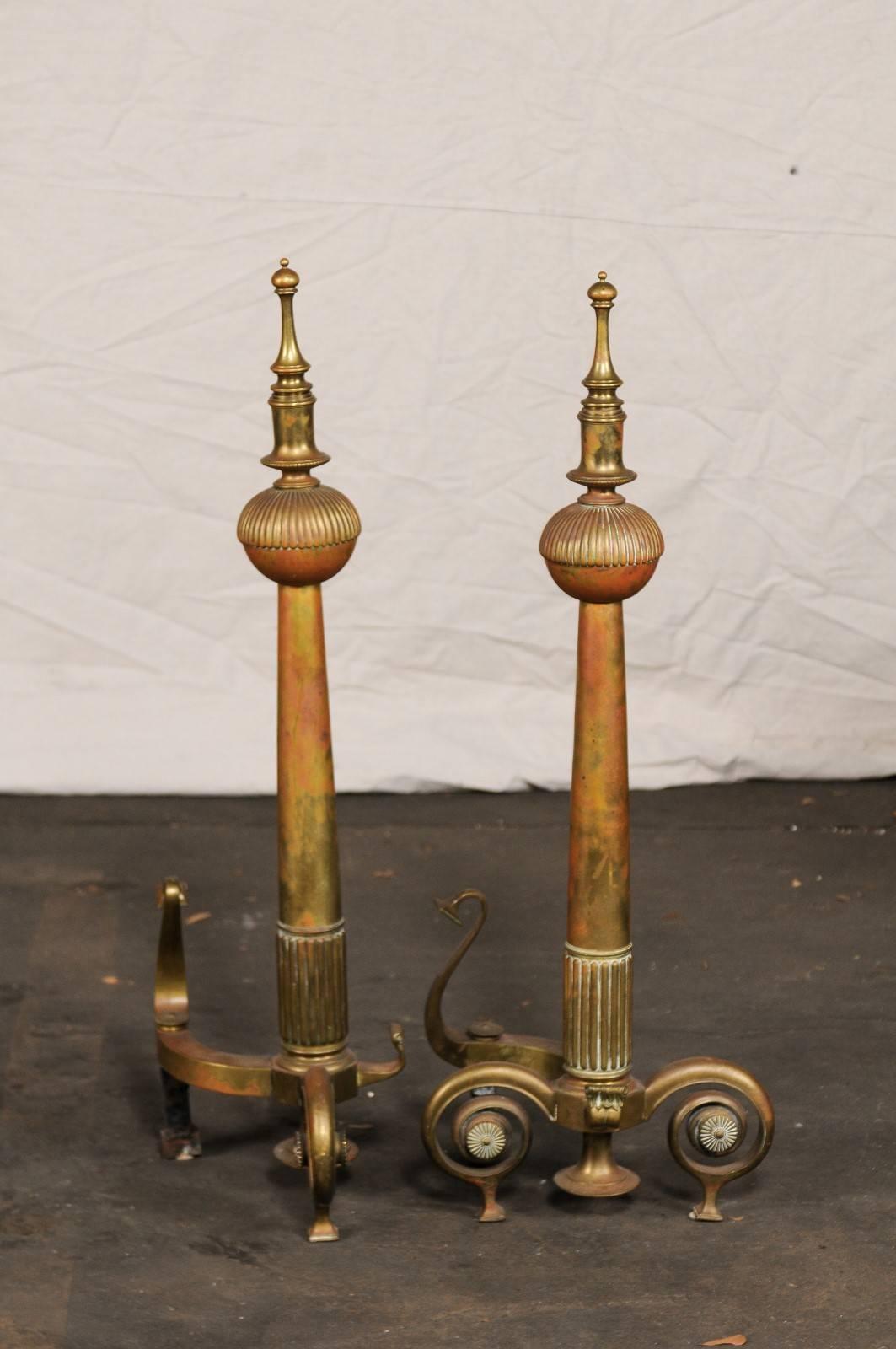 Pair of Large English Andirons with Beautifully Shaped Finials, circa 1880-1900 For Sale 1