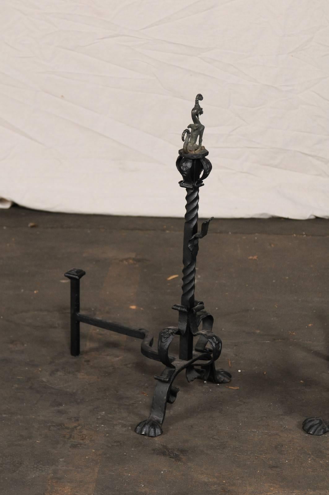Pair of Early 20th Century American Continental Iron Andirons, Griffon Finial In Good Condition For Sale In Atlanta, GA