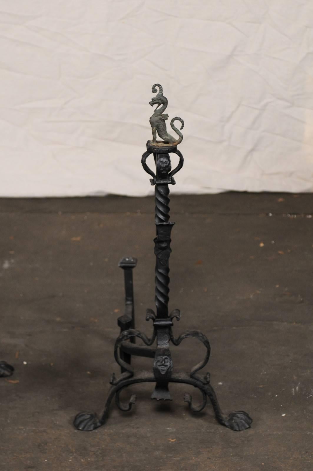Pair of Early 20th Century American Continental Iron Andirons, Griffon Finial For Sale 1