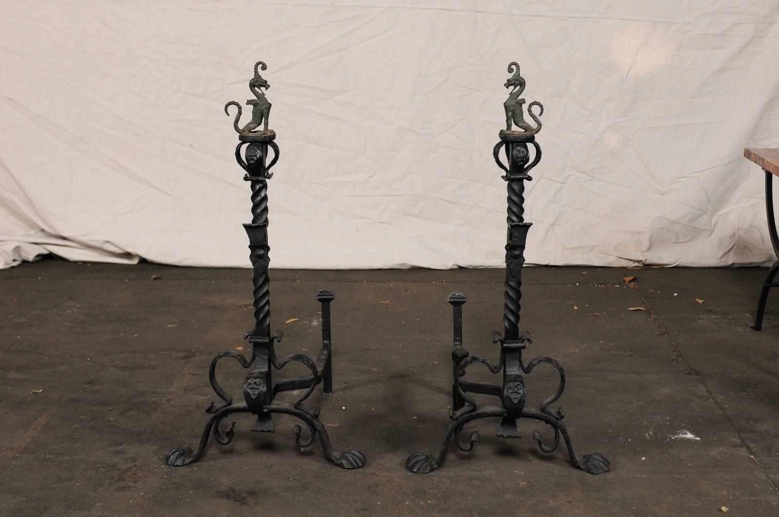 Pair of Early 20th Century American Continental Iron Andirons, Griffon Finial For Sale 2