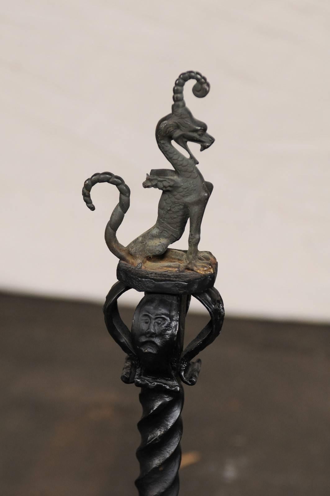 Pair of Early 20th Century American Continental Iron Andirons, Griffon Finial For Sale 3