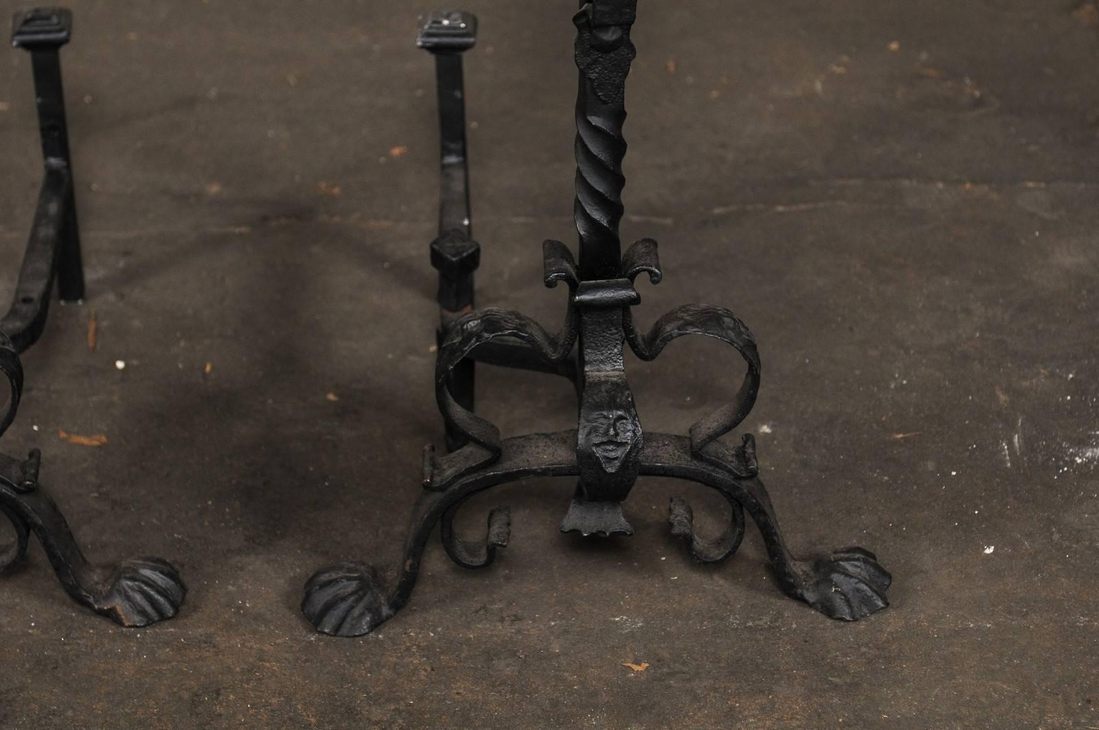Pair of Early 20th Century American Continental Iron Andirons, Griffon Finial For Sale 4