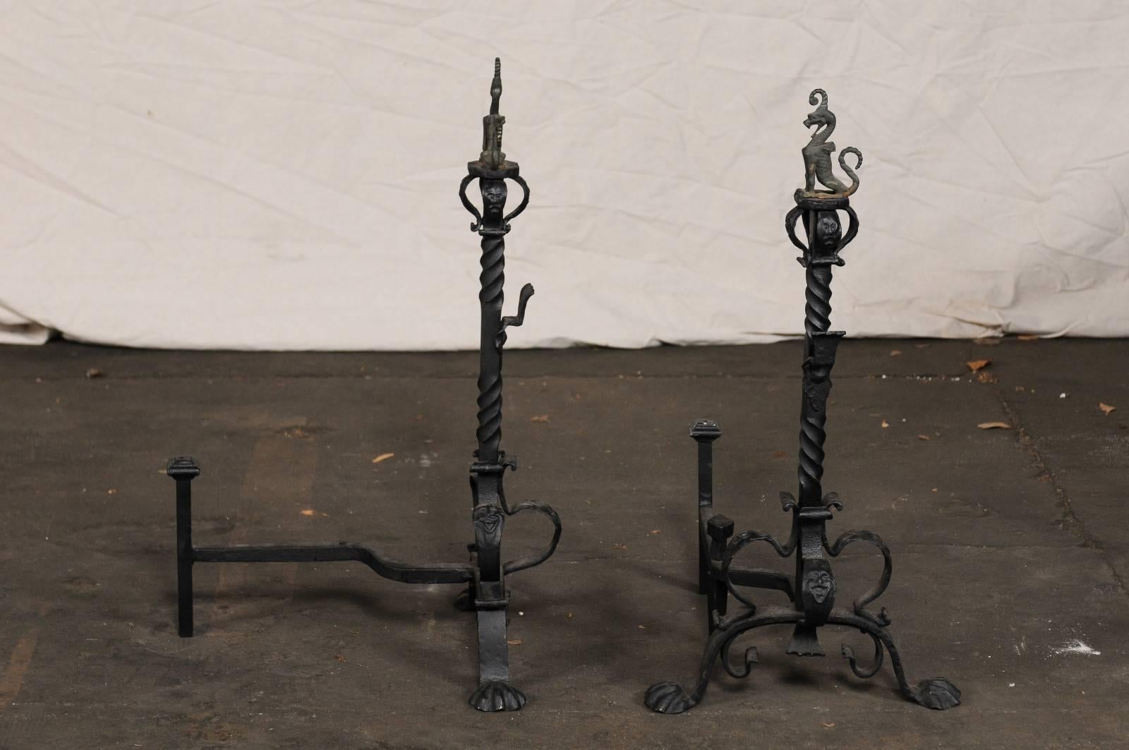 Pair of Early 20th Century American Continental Iron Andirons, Griffon Finial For Sale 5
