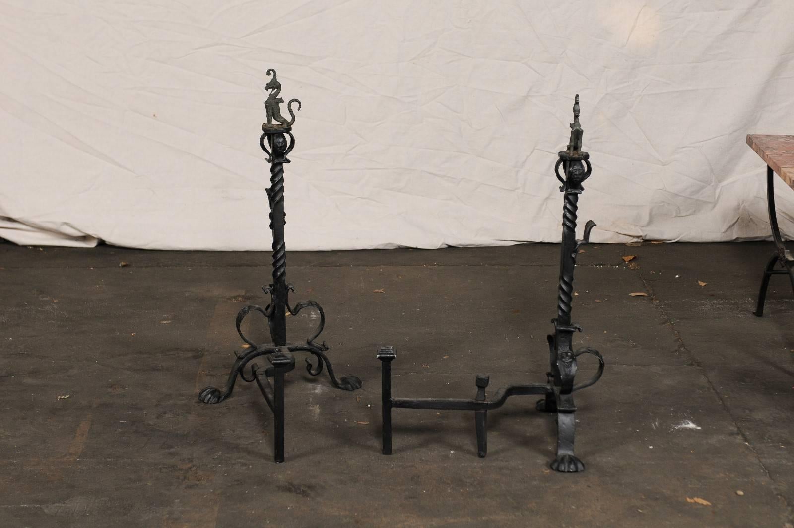 Pair of Early 20th Century American Continental Iron Andirons, Griffon Finial For Sale 6
