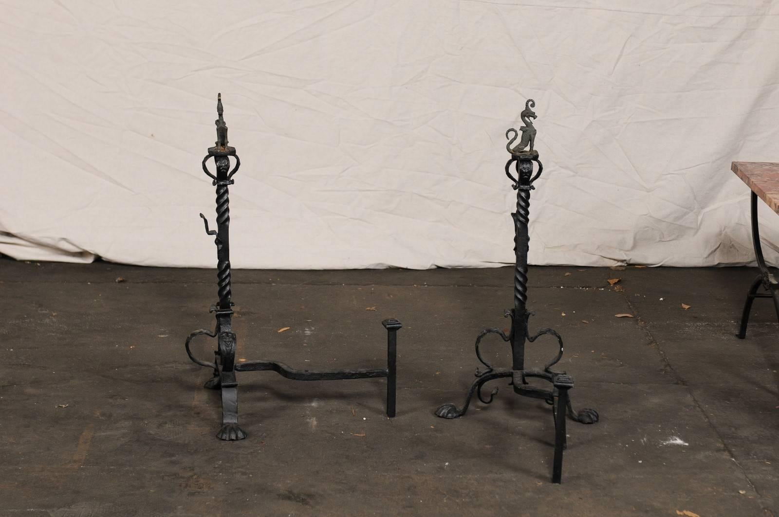 Pair of Early 20th Century American Continental Iron Andirons, Griffon Finial For Sale 7