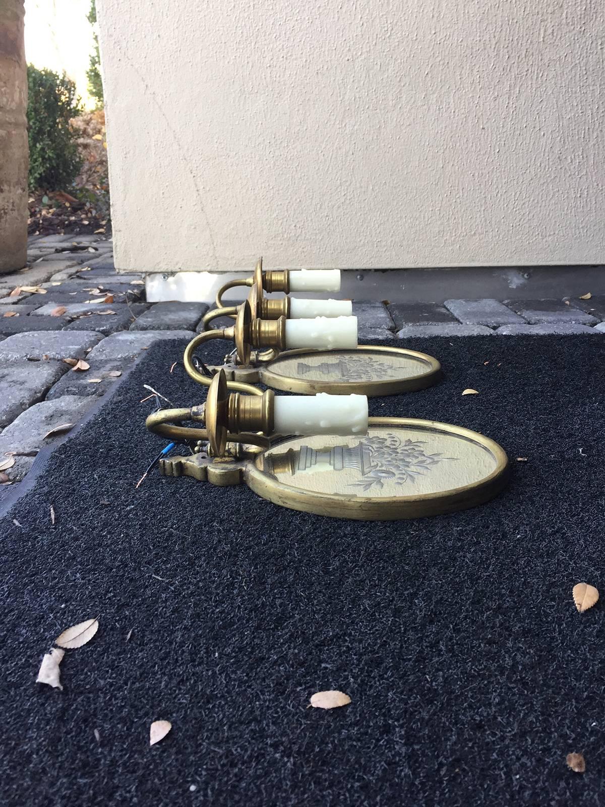 20th Century Pair of Etched Glass and Brass Two-Light Sconces In Good Condition In Atlanta, GA