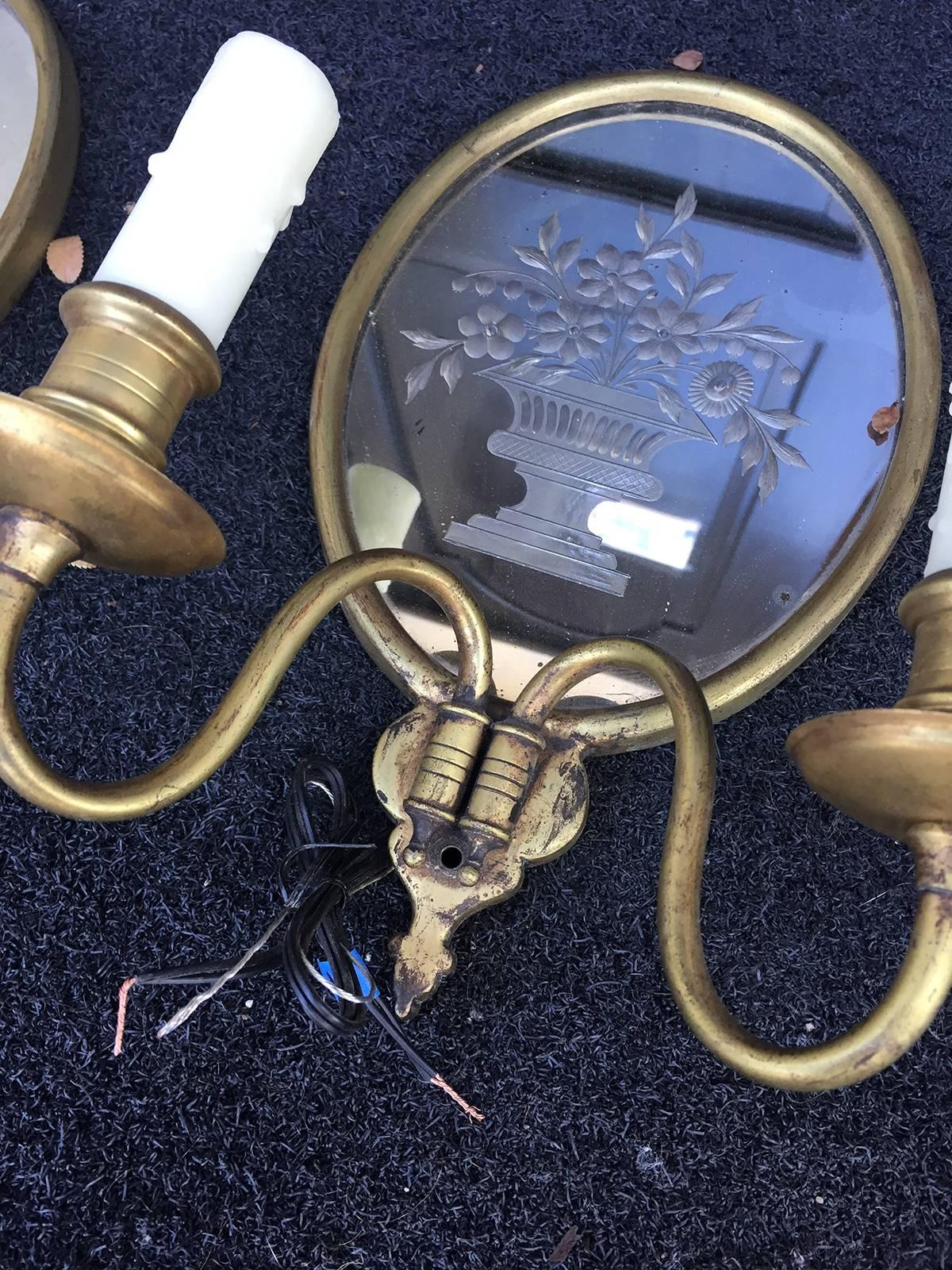 20th Century Pair of Etched Glass and Brass Two-Light Sconces 1