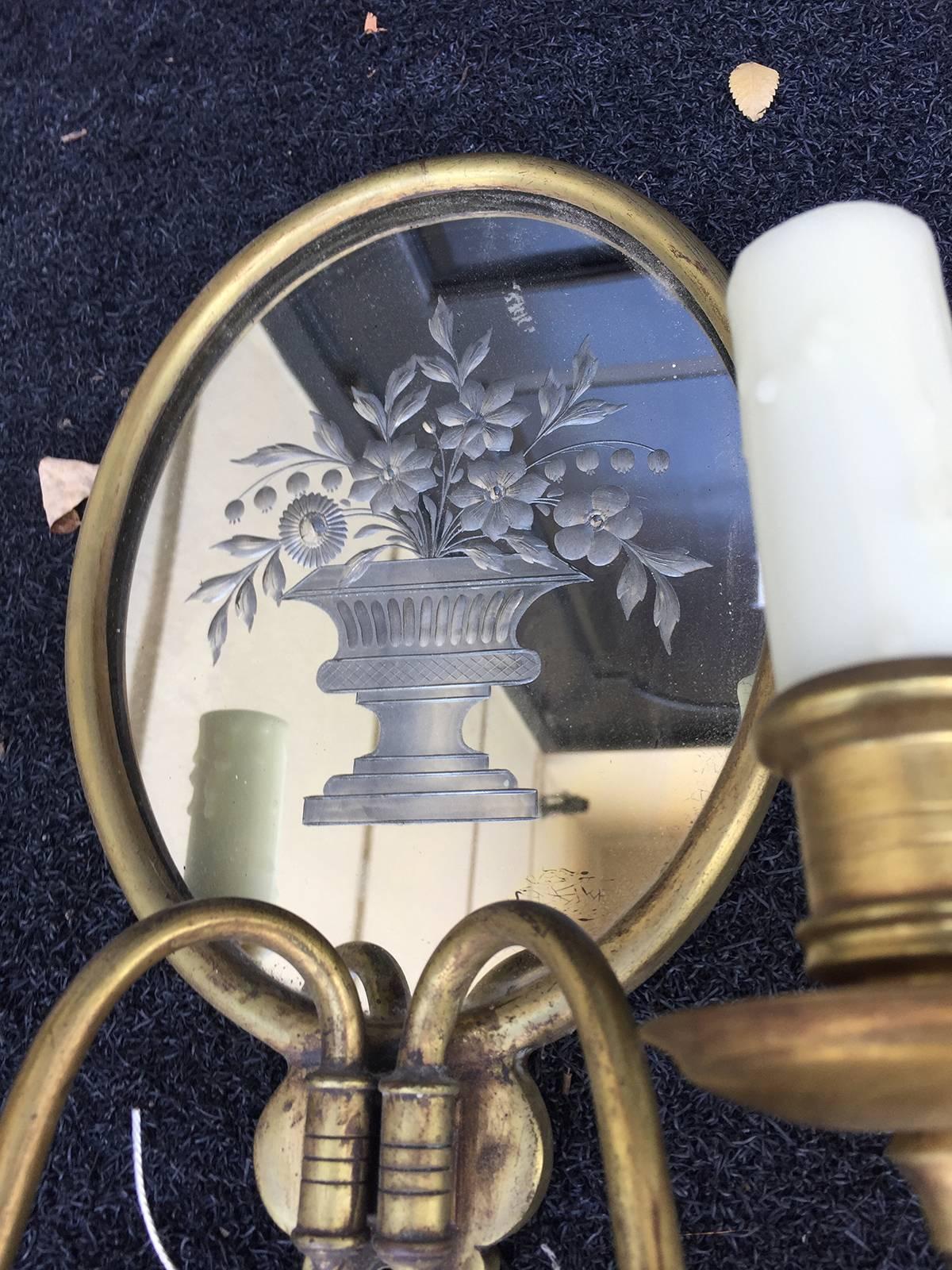 20th Century Pair of Etched Glass and Brass Two-Light Sconces 4