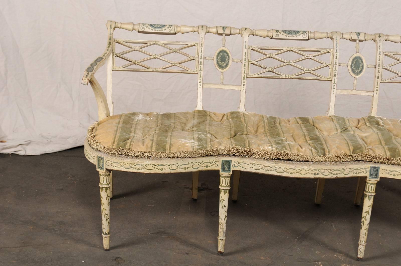 19th Century English Sheraton Painted Decorated and Caned Settee 1