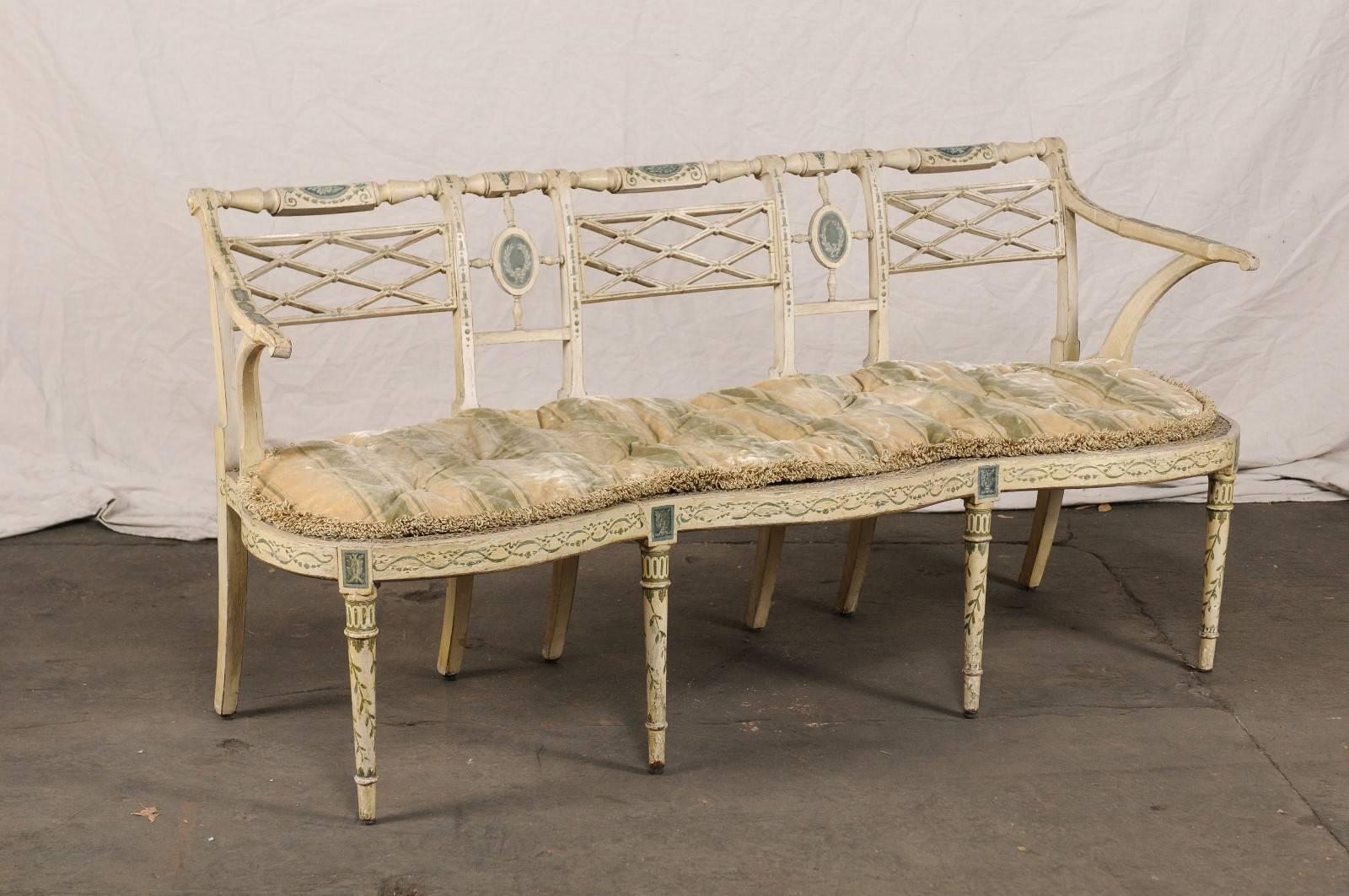 19th Century English Sheraton Painted Decorated and Caned Settee 3