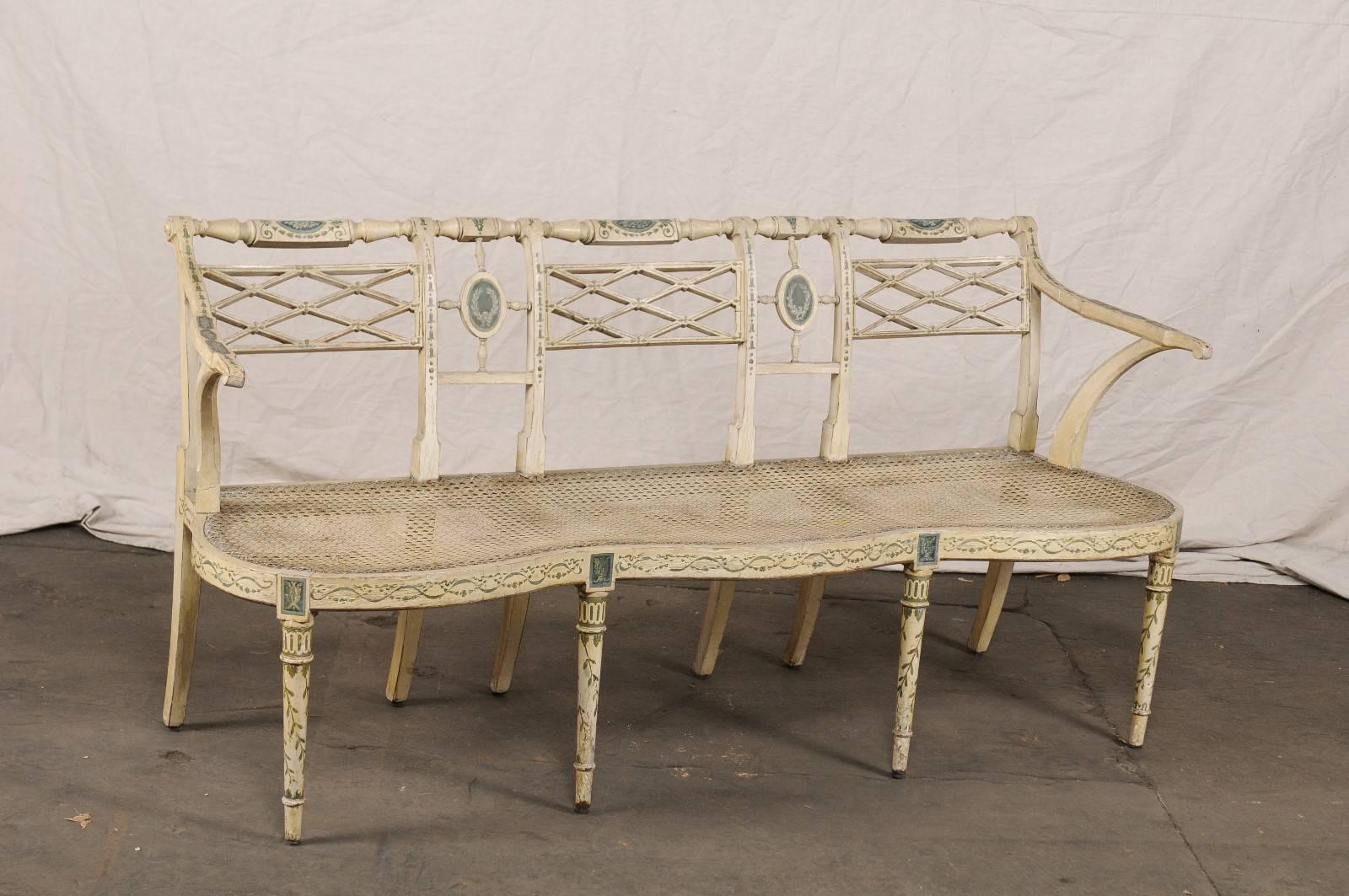 19th Century English Sheraton Painted Decorated and Caned Settee 4