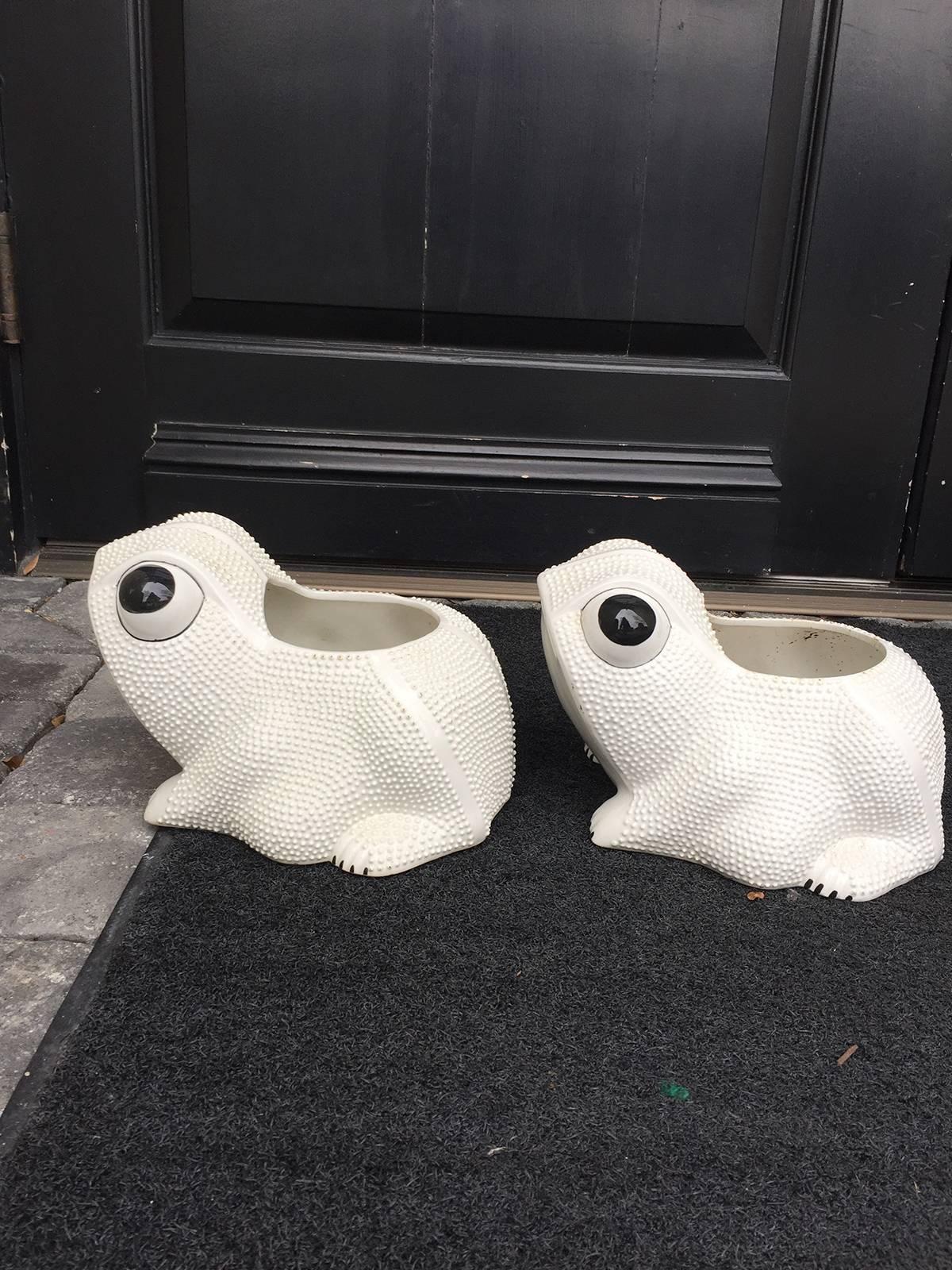 Porcelain Pair of Large, 20th Century Italian White Glazed Frogs Marked, 'Italy'