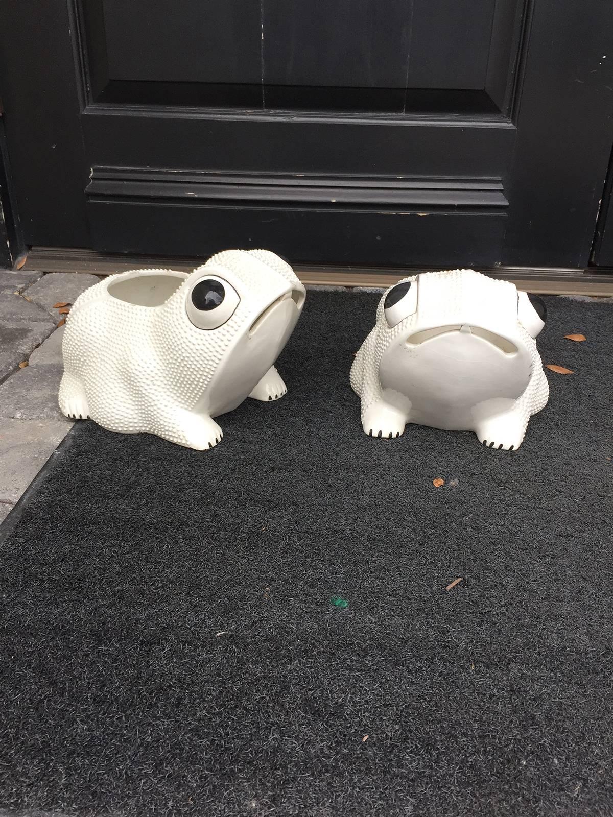 Pair of Large, 20th Century Italian White Glazed Frogs Marked, 'Italy' 4