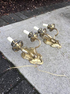 Pair of circa 1900 American Heavy Brass Sconces in the Style of Caldwell