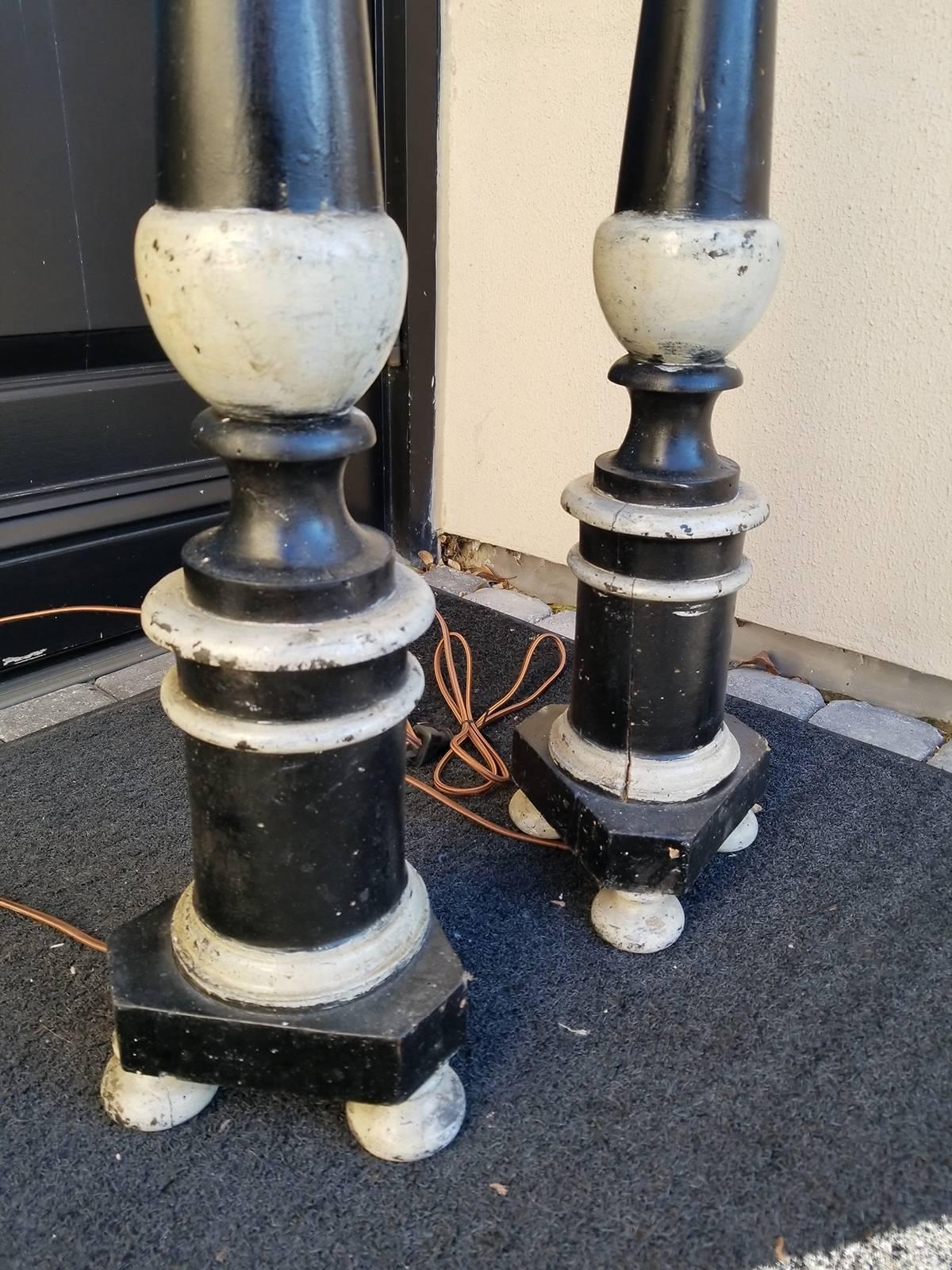 Pair of Italian Painted Prickets as Lamps, Black with Gray Details In Good Condition For Sale In Atlanta, GA