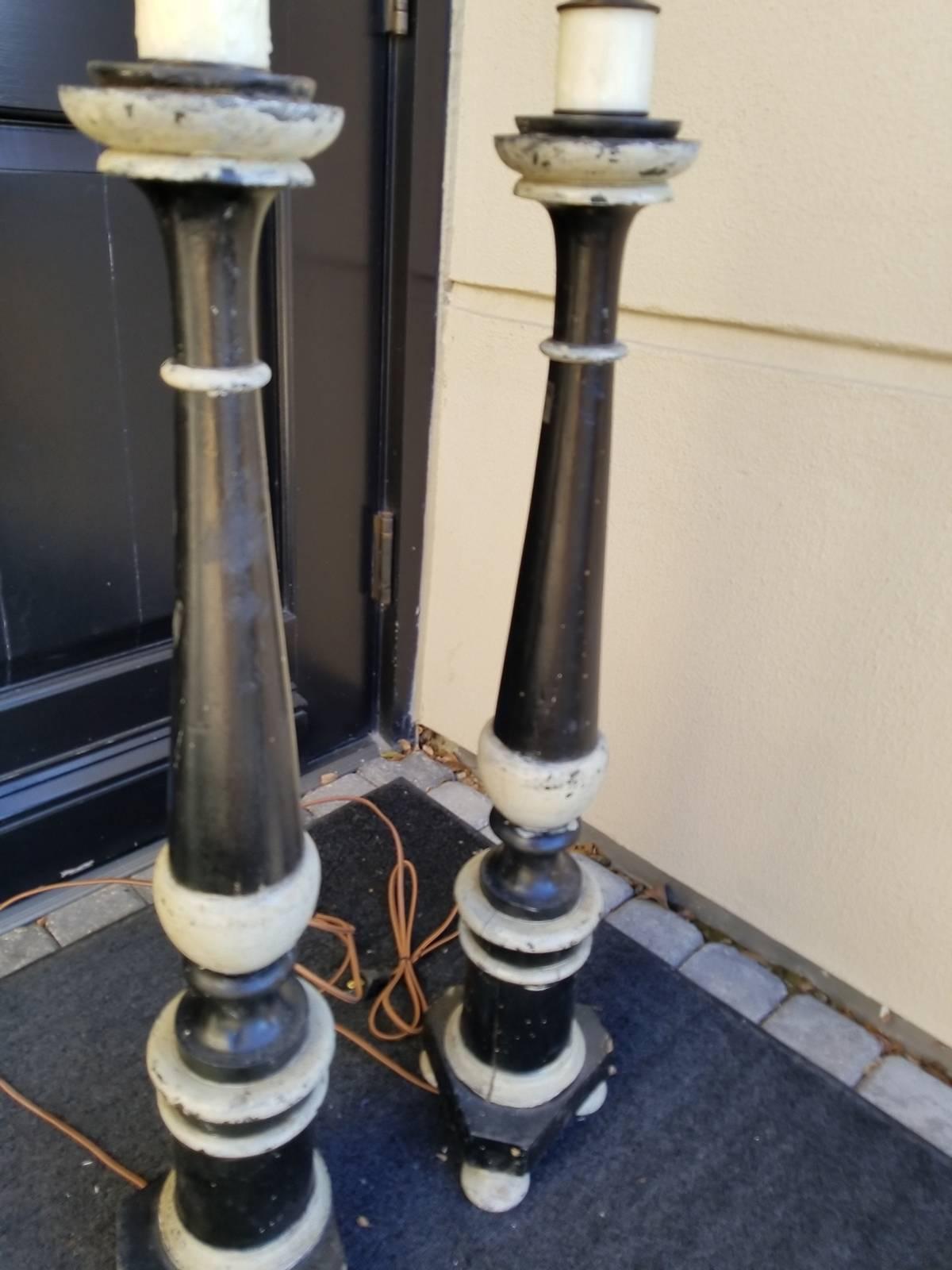 Pair of Italian Painted Prickets as Lamps, Black with Gray Details For Sale 2