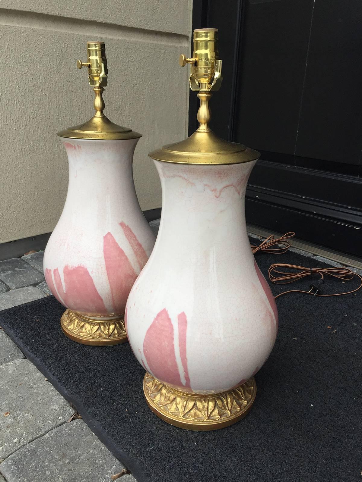 Pair of 20th Century White & Pink  Pottery Lamps, Custom Signed