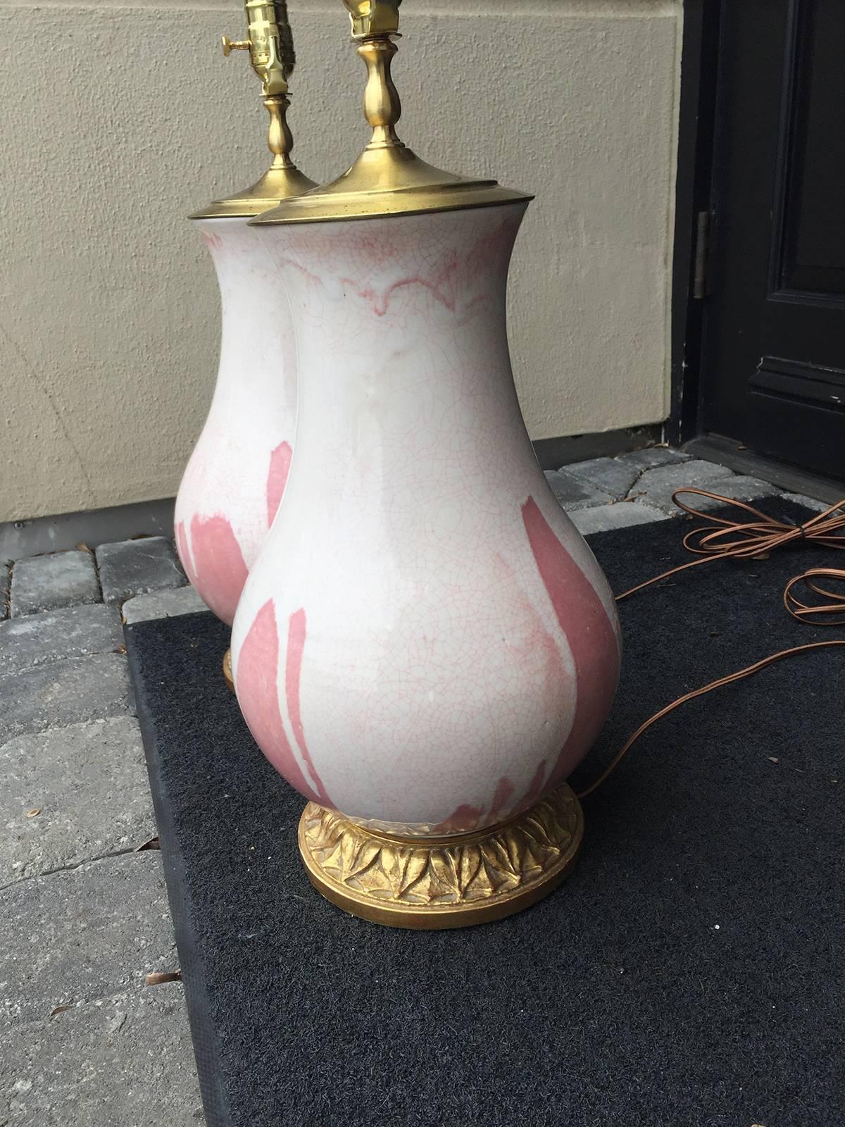Pair of 20th Century White and Pink  Pottery Lamps, Custom Signed In Good Condition In Atlanta, GA