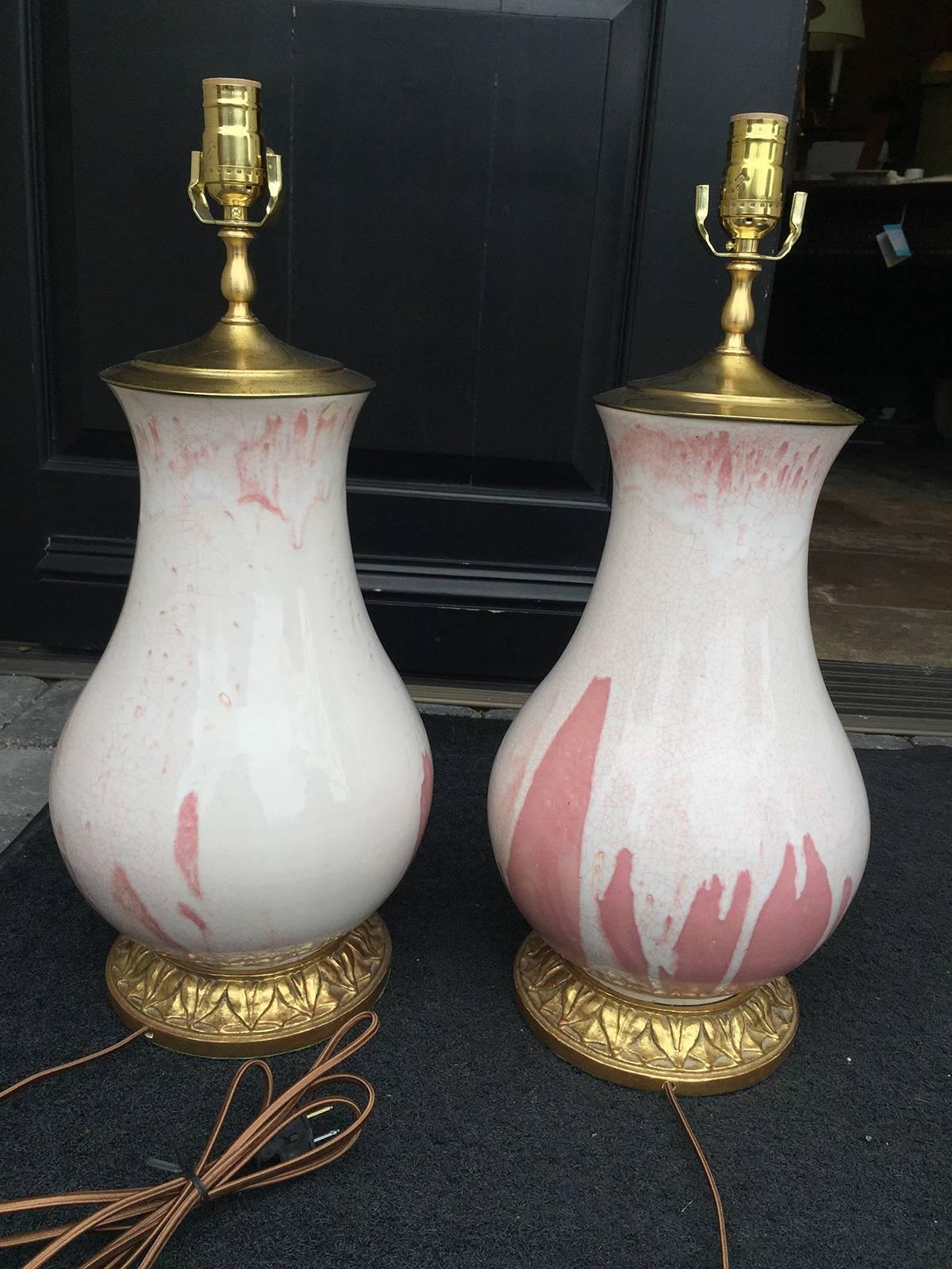 Pair of 20th Century White and Pink  Pottery Lamps, Custom Signed 4