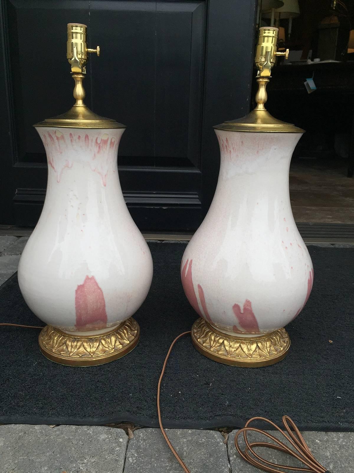 Pair of 20th Century White and Pink  Pottery Lamps, Custom Signed 6